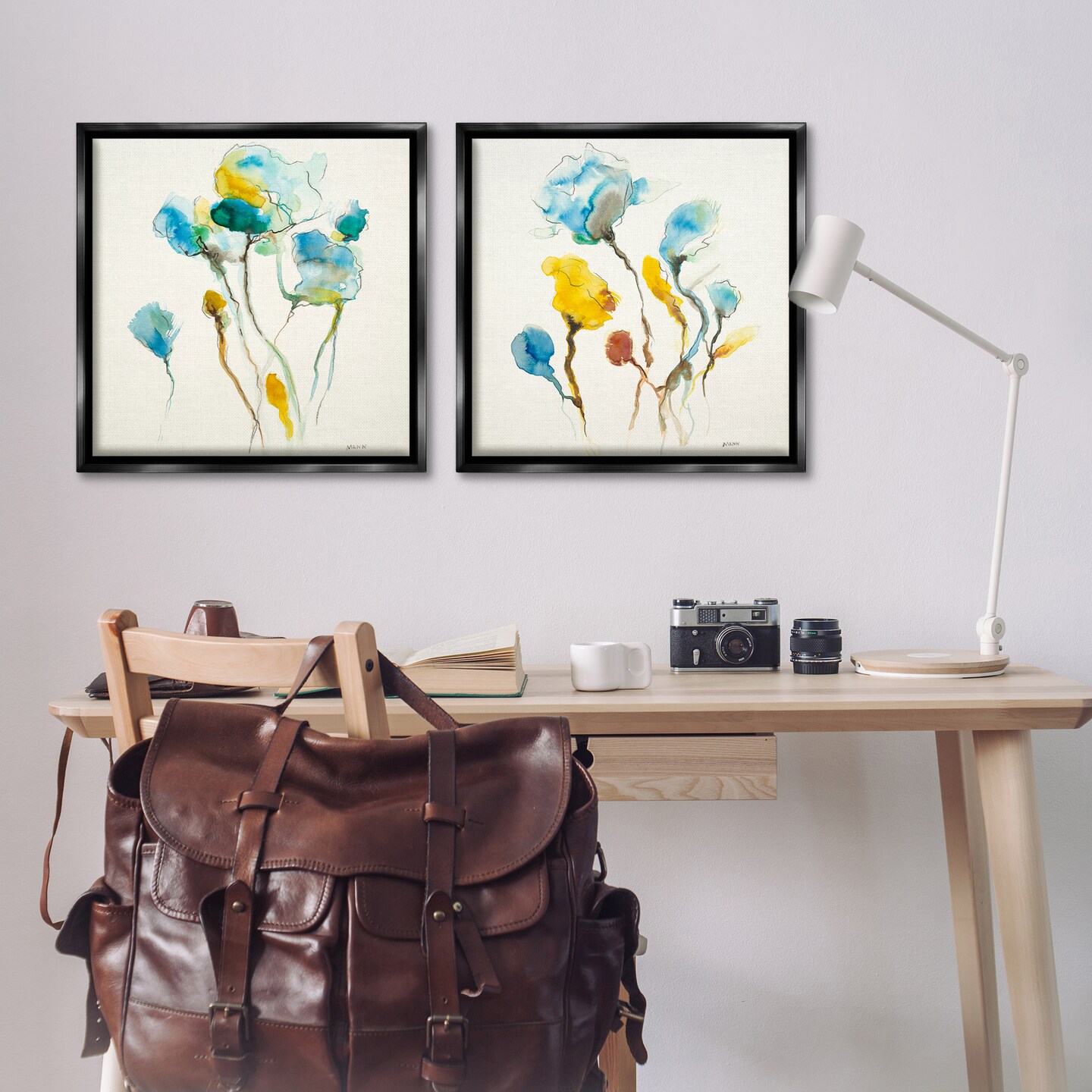 Stupell Industries Watercolor Teal & Yellow Flowers 2 pc Framed Floater Canvas Wall Art Set Design by Patti Mann