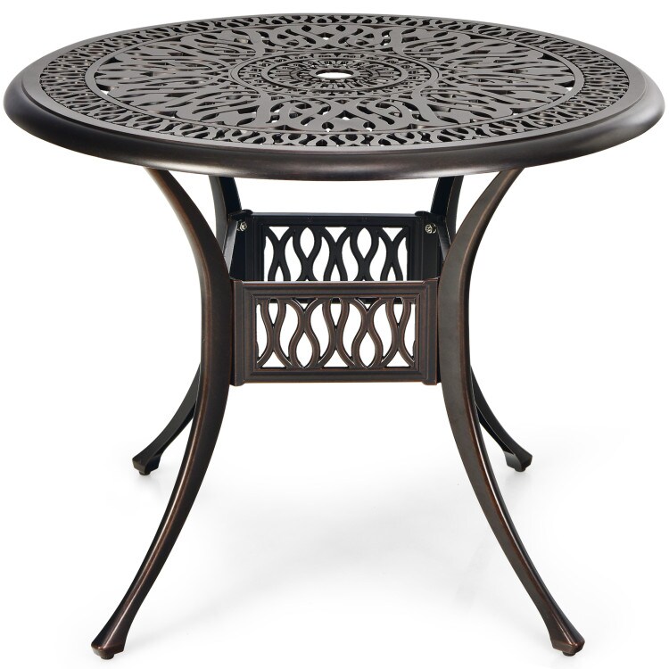 Brown Cast Aluminum Patio Table 36 Inch Outdoor Dining 4-Person Umbrella Hole