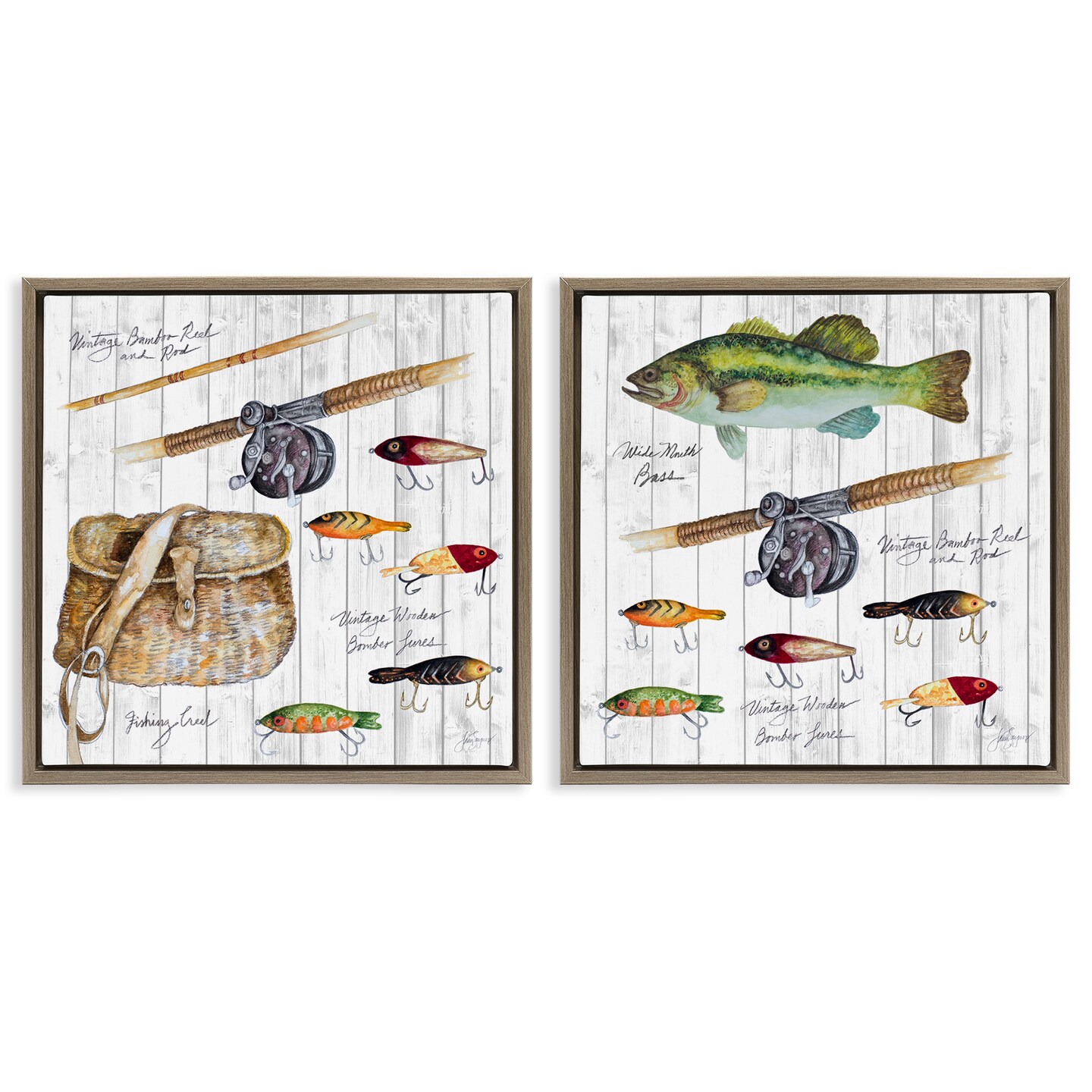 Stupell Industries Vintage Fishing Gear 2 pc Framed Floater Canvas Wall Art Set Design by Patricia Pinto