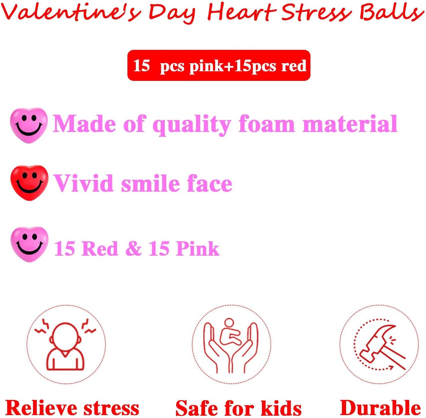 30 Pcs Heart Stress Balls,Mini 1.5Inch Smile Face Squeeze Stress Relief Heart Shape