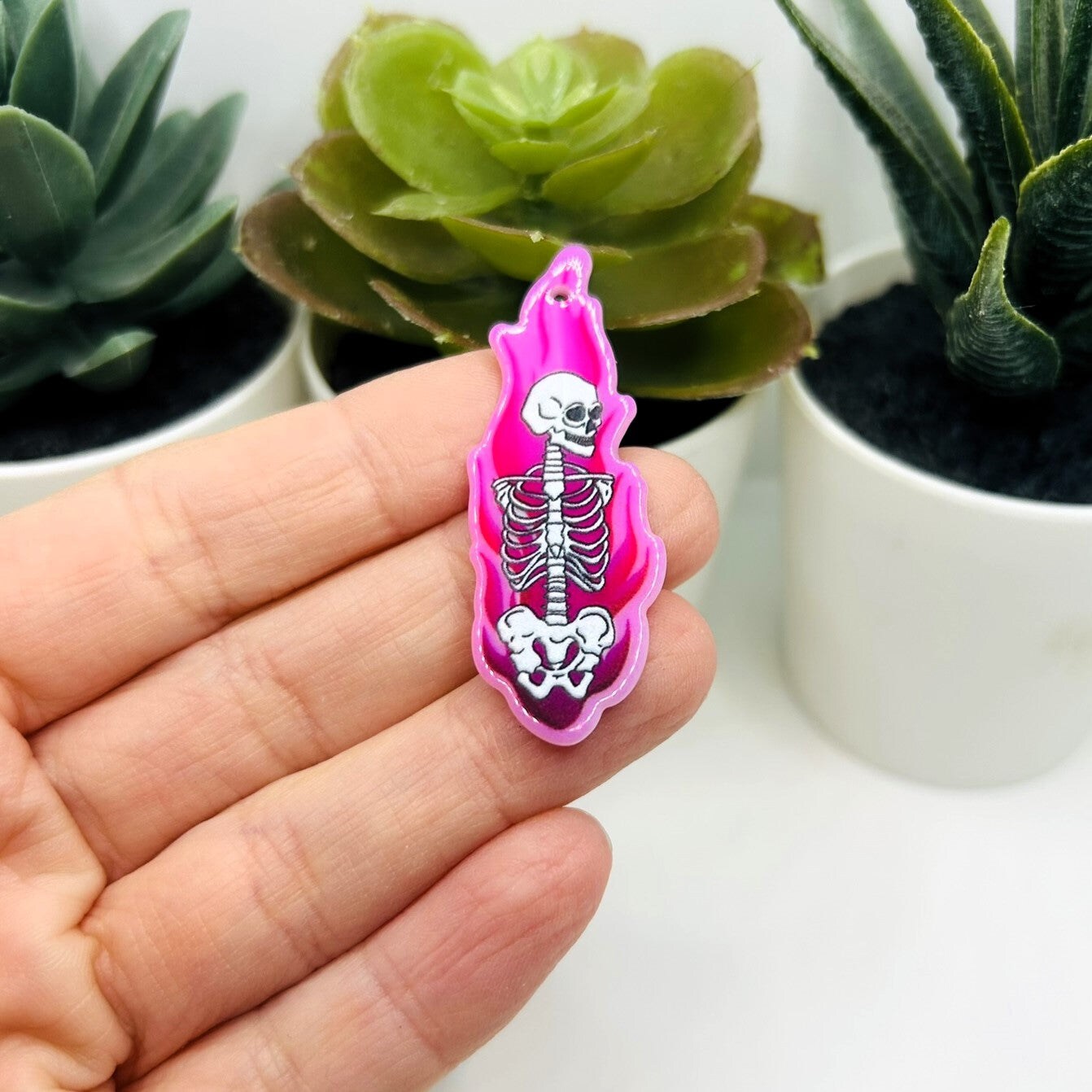 1, 4 or 20 Pieces: Pink Flame Skeleton Halloween Charm - Double Sided