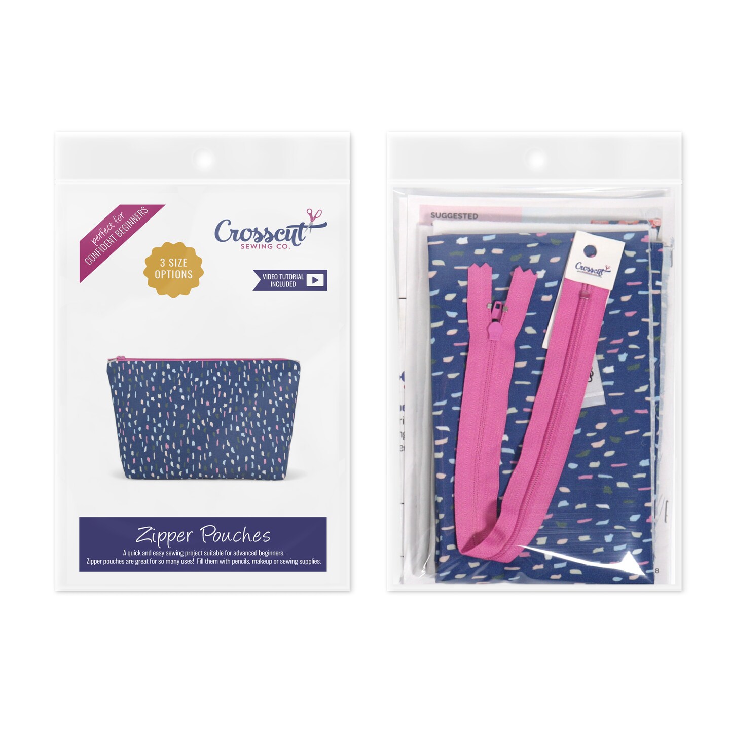 Crosscut Sewing Co.® Zipper Pouch Sewing Project Kit for Beginners with Fabric, Instructions and Video