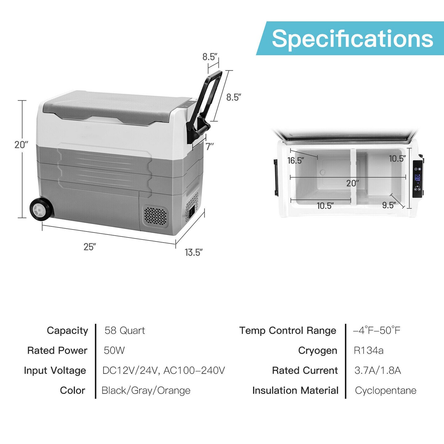 58 Quarts Car Refrigerator Portable RV Freezer Dual Zone with Wheel