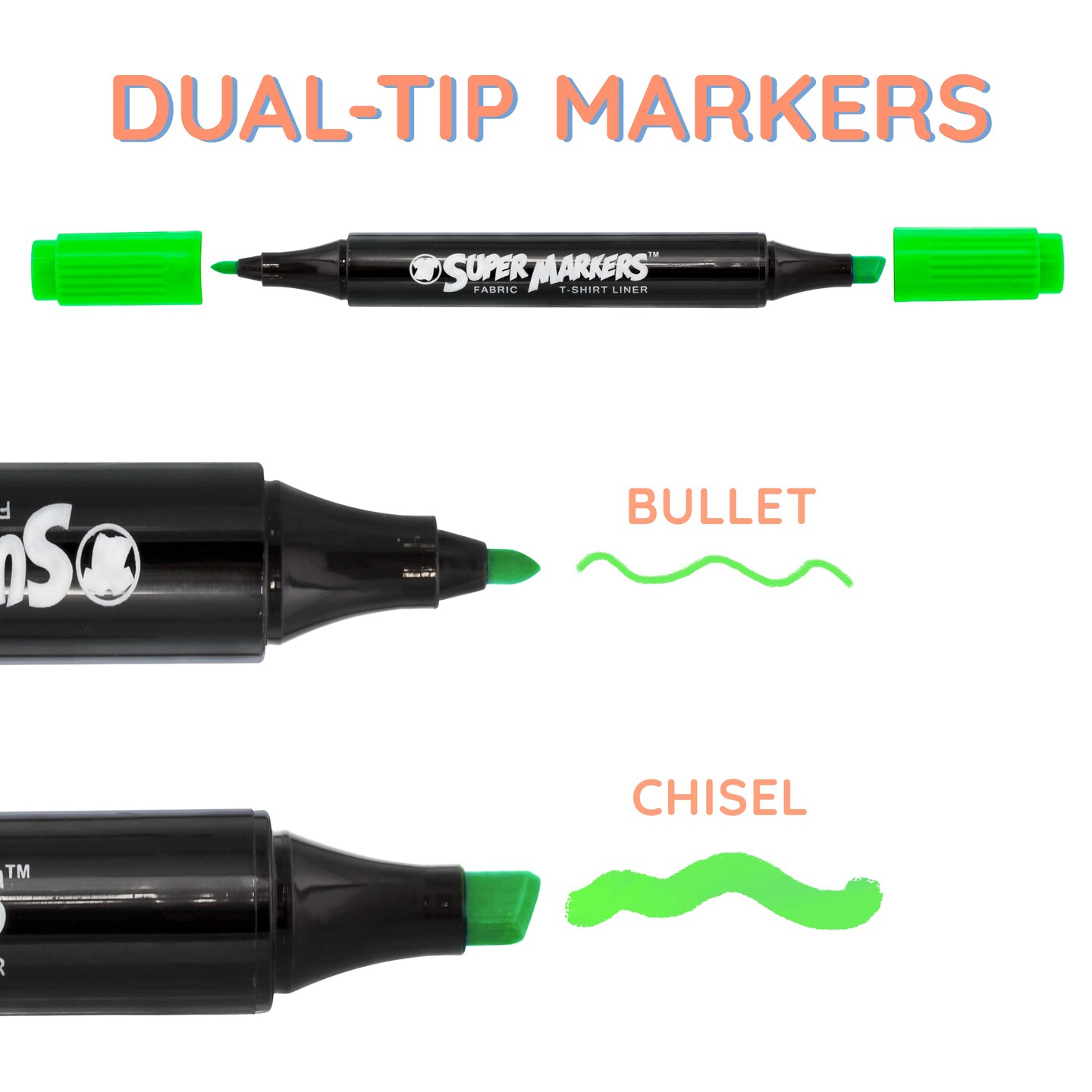 Super Markers 20 Unique Neon Colors Dual Tip Fabric &#x26; T-Shirt Marker Set - Double-Ended Fabric Markers with Chisel Point and Fine Point Tips
