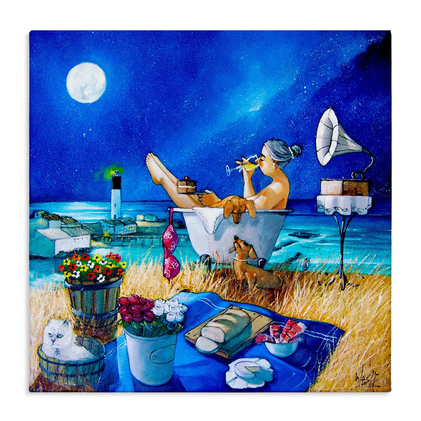 絵画 Sunset Bathtime Stupell Industries Nighttime Bath by Sea Canvas Wall Art Design by