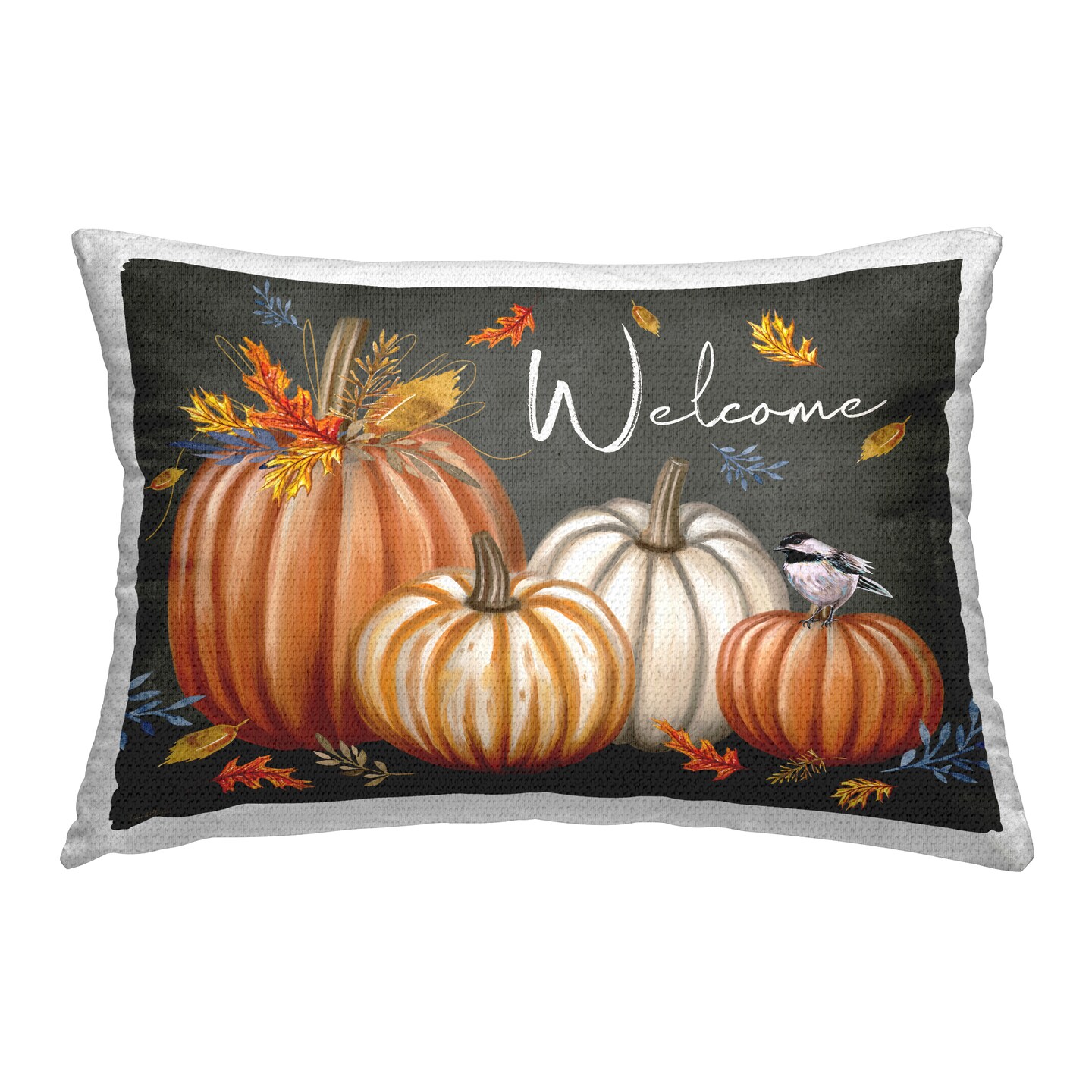 Welcome with Autumnal Pumpkins Outdoor Printed Pillow Design by Elizabeth Tyndall, 14 x 7 x 20