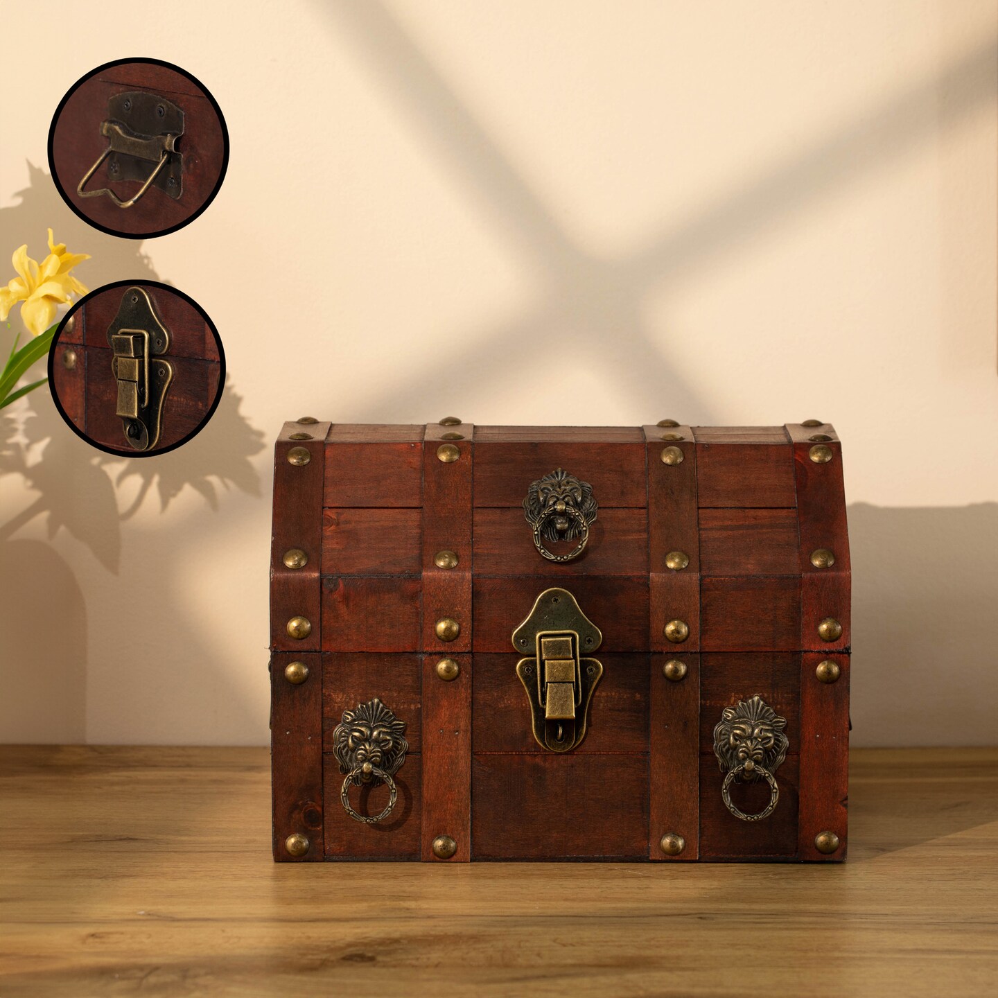 Handmade Pirate Treasure Chest with Lockable Latch - Vintage Wooden Storage Trunk and Treasure Box with Hinged Lid - Antique Decorative Storage Box for Pirate-Themed Birthday Party and Keepsakes