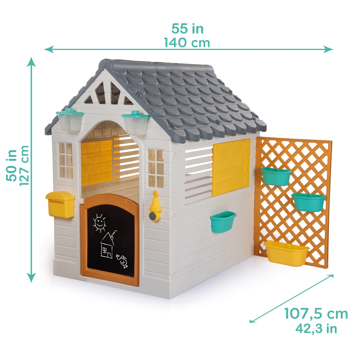 Dolu: Garden Playhouse With Fence - White-Grey-Yellow - Outdoor-Indoor Toy, Chalkboard Door, Durable Charming Design, Easy Assembly, Kids-Toddlers 2+