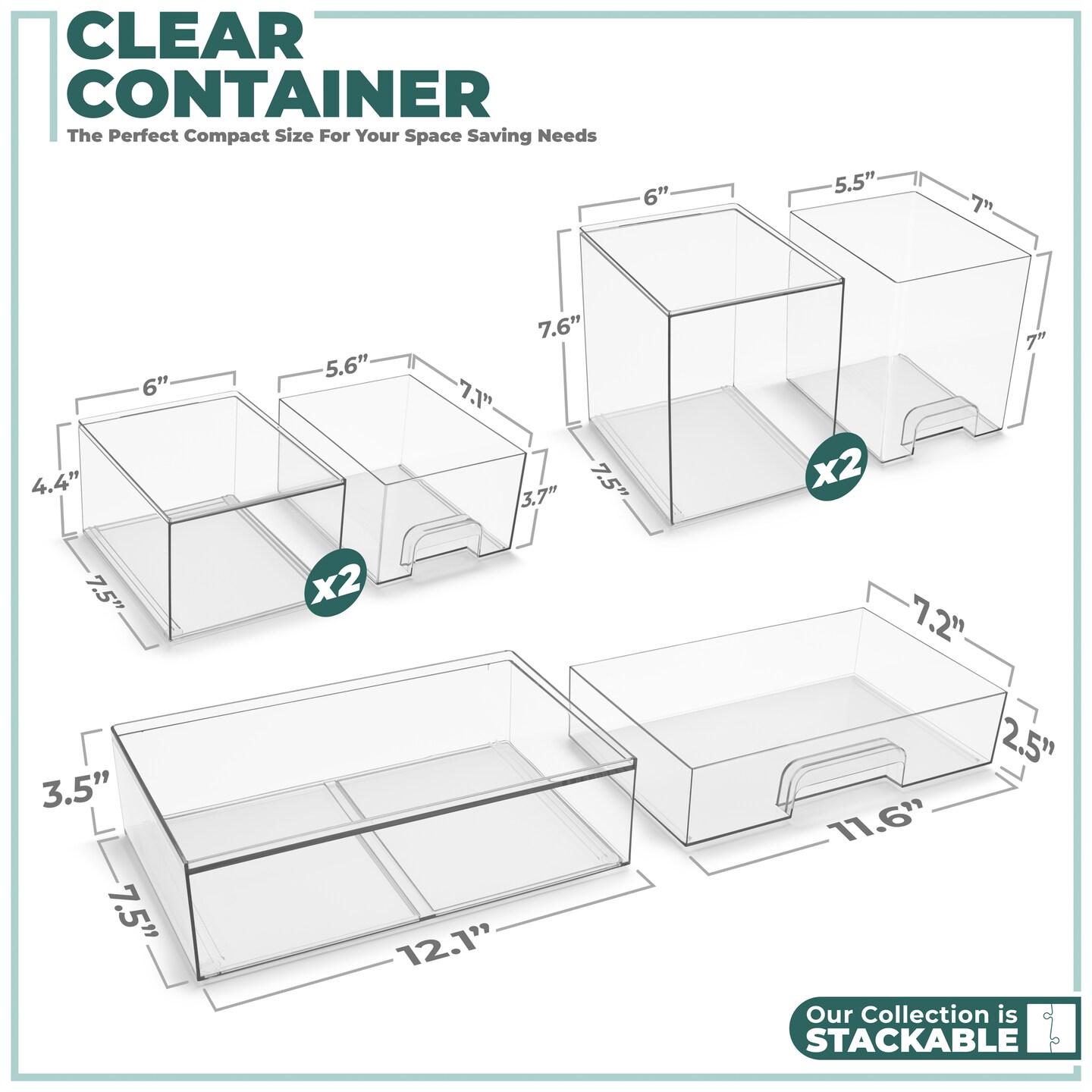 Sorbus Acrylic Storage Containers with Pull-Out Drawers - 5 Pack, 3 Variety Sizes Clear Stackable Storage Bins Set