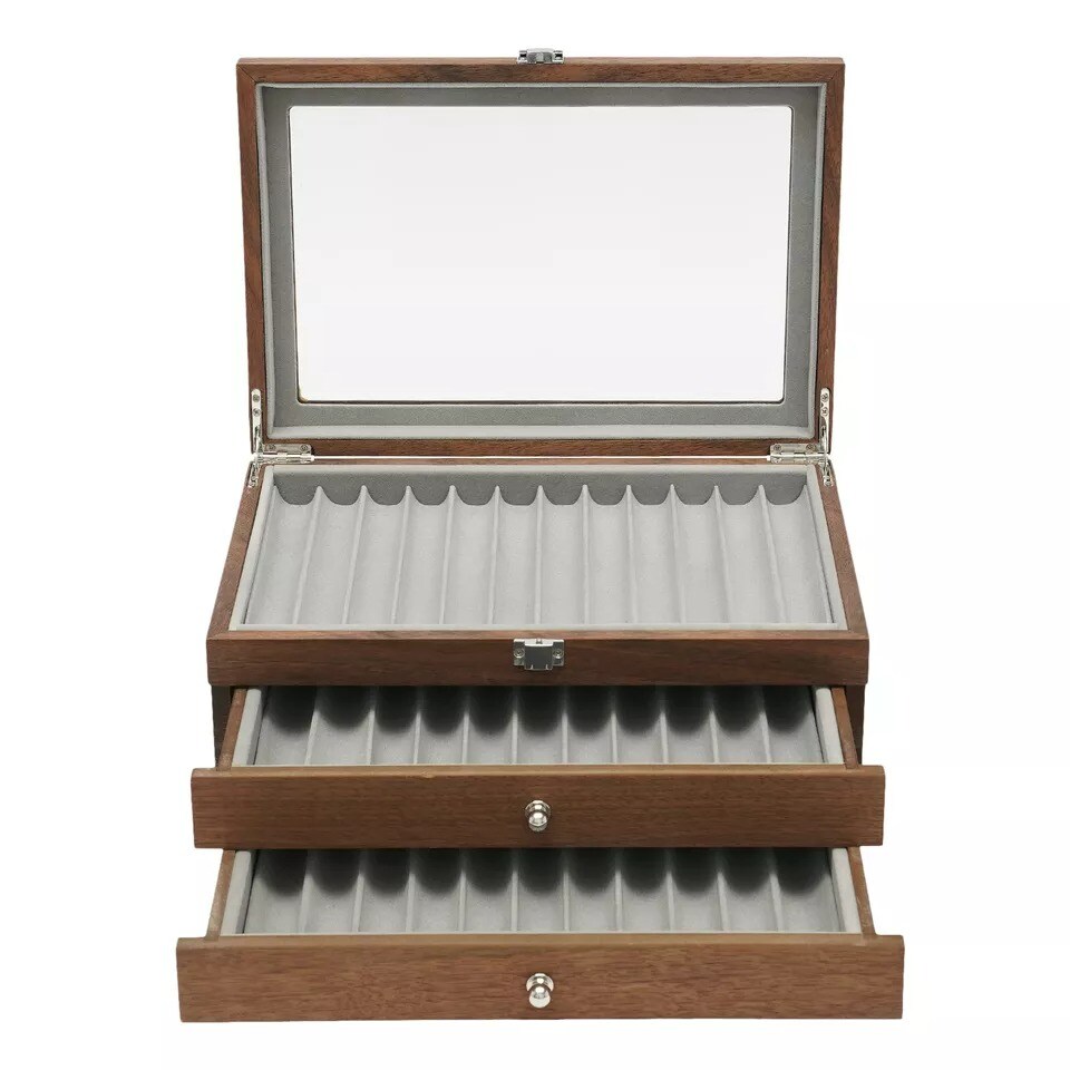 Walnut Wood Fountain Pen Display Organizer Storage Collector Box 34 Slots