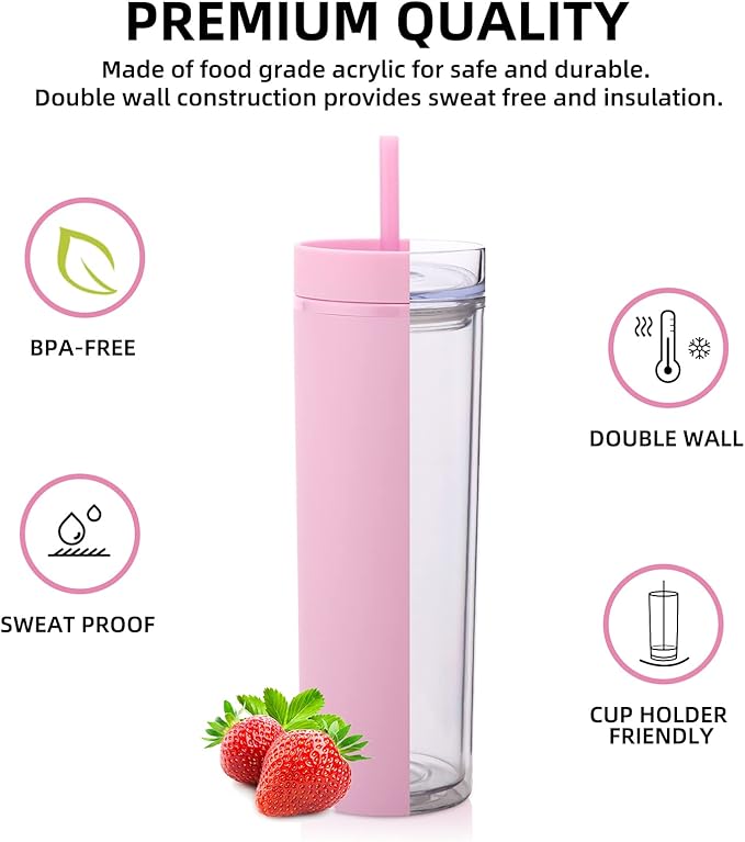 20oz Plastic Skinny Tumblers Bulk 4 Pack,Double Wall Tumbler with Lid and Straw,Reusable Travel Iced Coffee Mug,BPA Free Matte Acrylic Water Cups With Straw for Party,DIY Gifts(Mix, 4 Set)