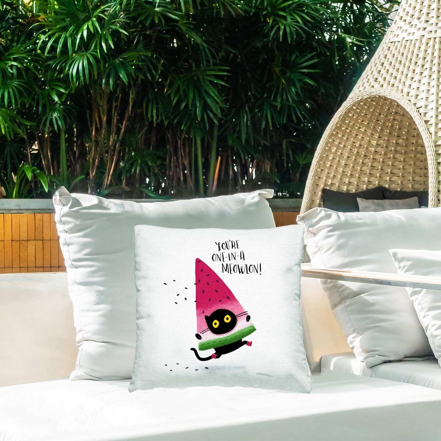 One In A Meowlon Pun Outdoor Printed Pillow Design by Leeza Hernandez, 18 x 7 x 18