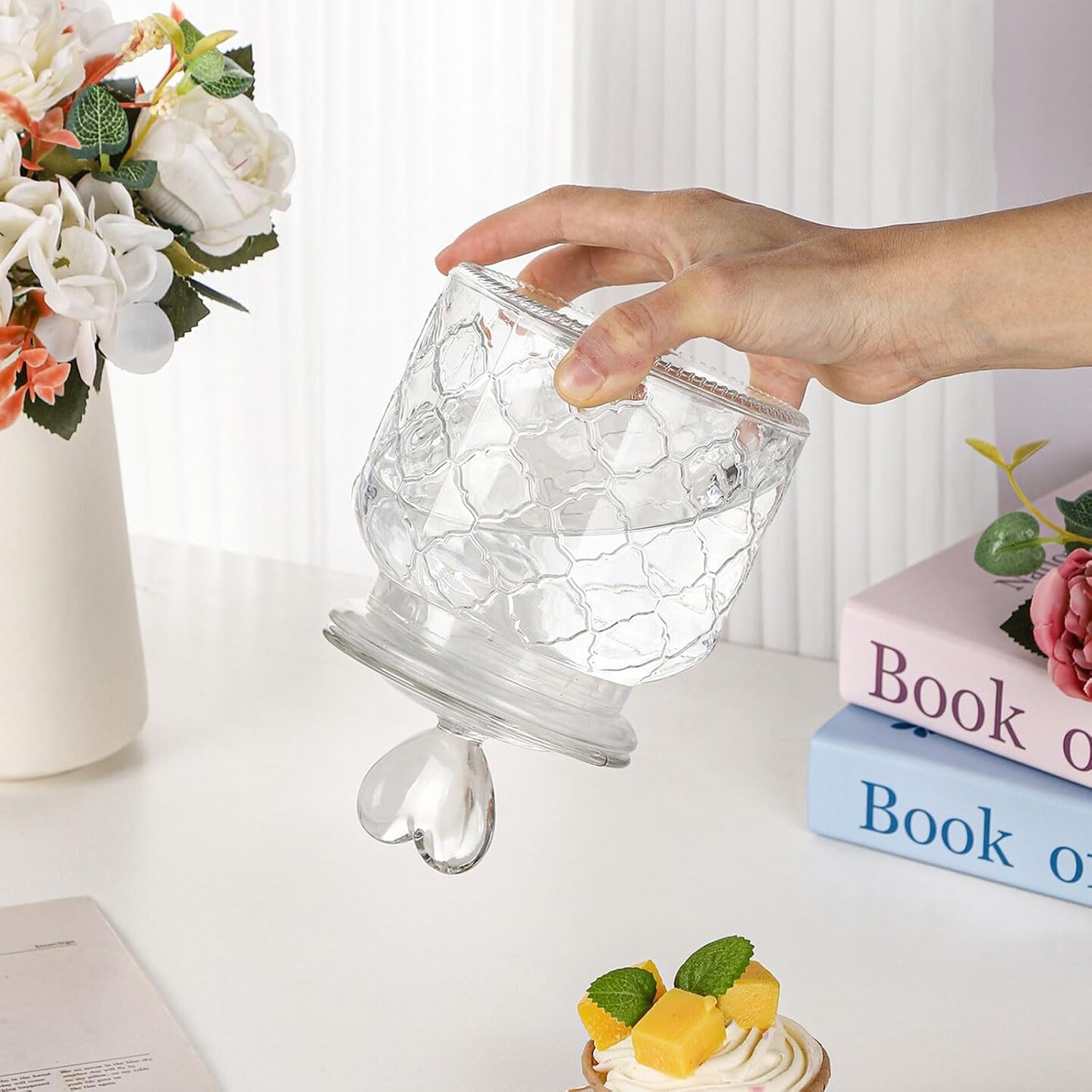 Set of 2 Airtight Glass Jars Decorative Jars, 45oz Jar of Hearts Cute Cookie Jar Decorative Jars with Lids Candy Jars for Candy Buffet Heart Shaped Lid - Grids Textured