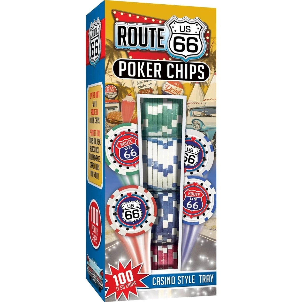 Route 66 Poker Chips Set 100 Casino-Style 11.5G Heavy Chips Black Tray