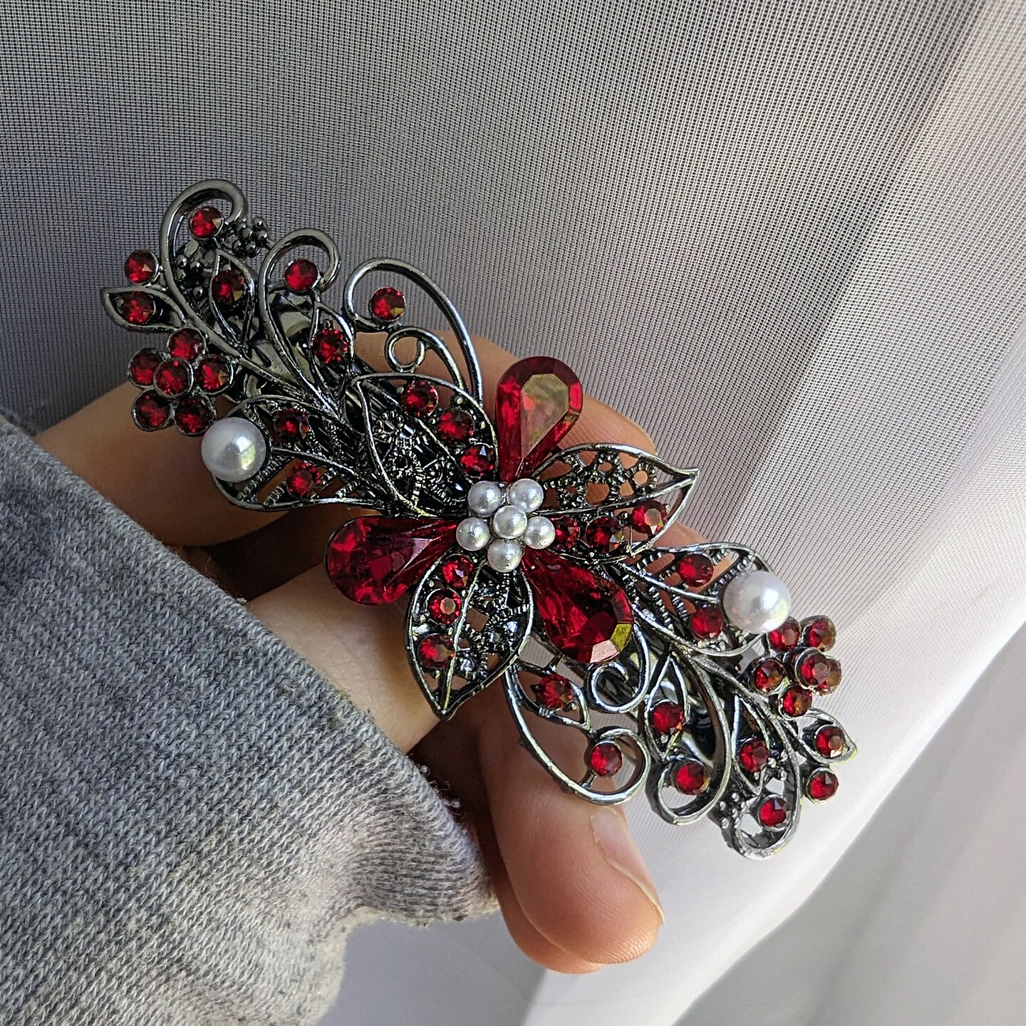 Vintage Floral Barrette for Thick Hair: Red Siam Swarovski  display picture 3