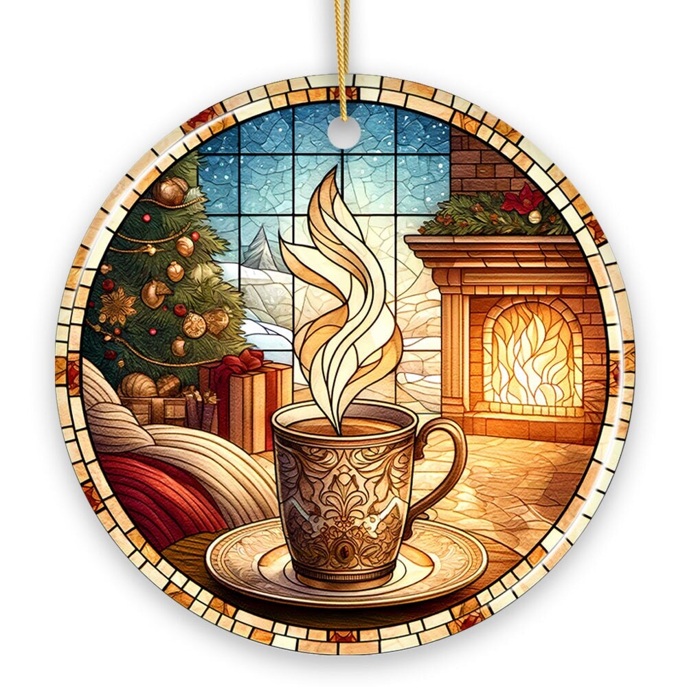Coffee Illustration Stained Glass Style Ceramic Ornament, Christmas Gift and Decor
