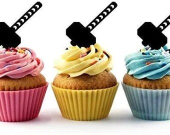 Thor&#x27;s Hammer Mjolnir Silhouette Acrylic Cupcake Toppers 12 pcs
