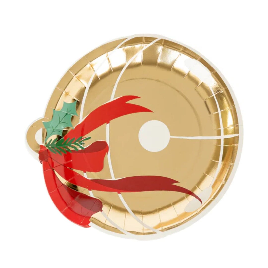 Festive Jingle Bell Shaped Holiday Plates with Gold Foil &#x26; Red Bow &#x2013; 7&#x22; Paper Plates &#x2013; Set of 8 for Christmas Parties