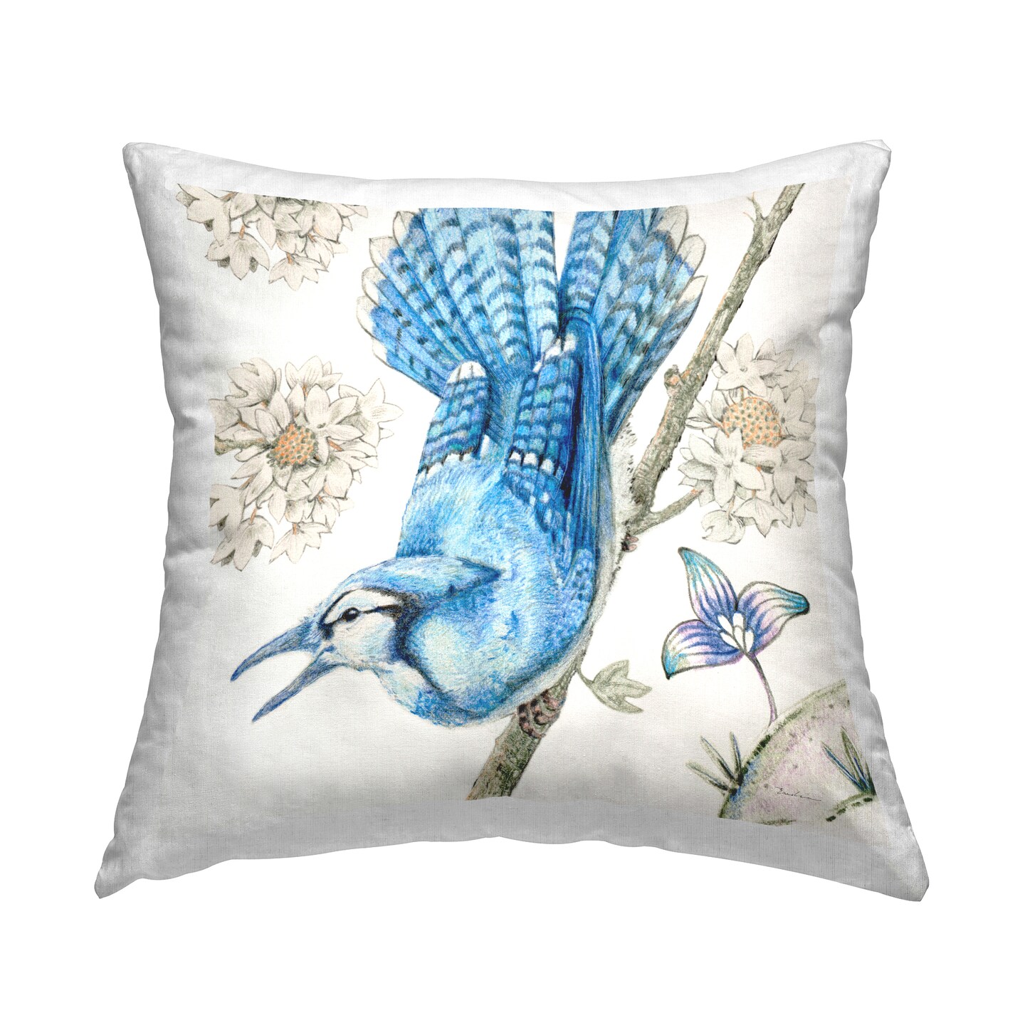 Blue Jay Perched Florals Decorative Printed Throw Pillow Design by Evelia Designs, 18 x 7 x 18