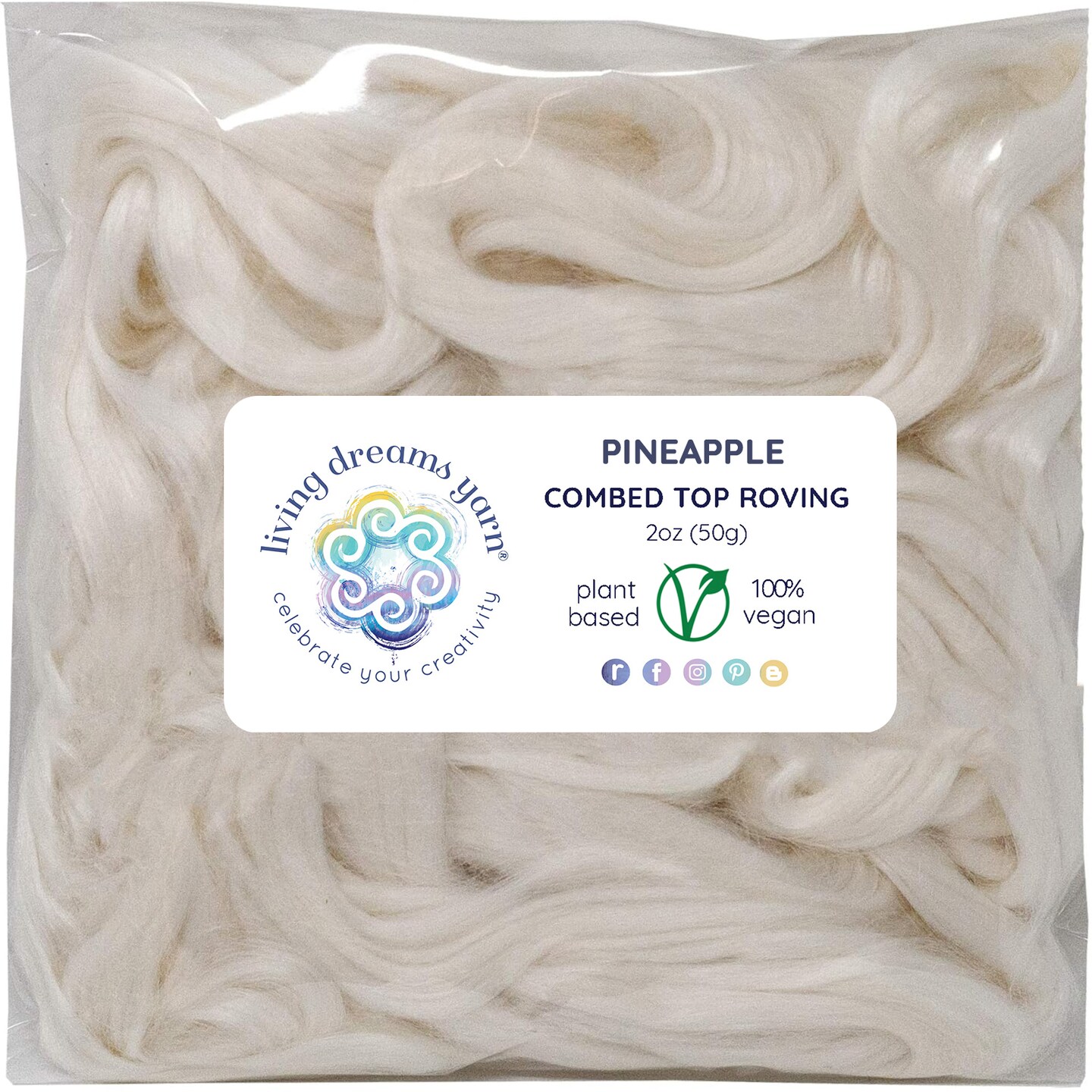 2oz Pineapple Fiber: Natural White Undyed Combed Top Roving. Plant Based, Eco Friendly, Vegan
