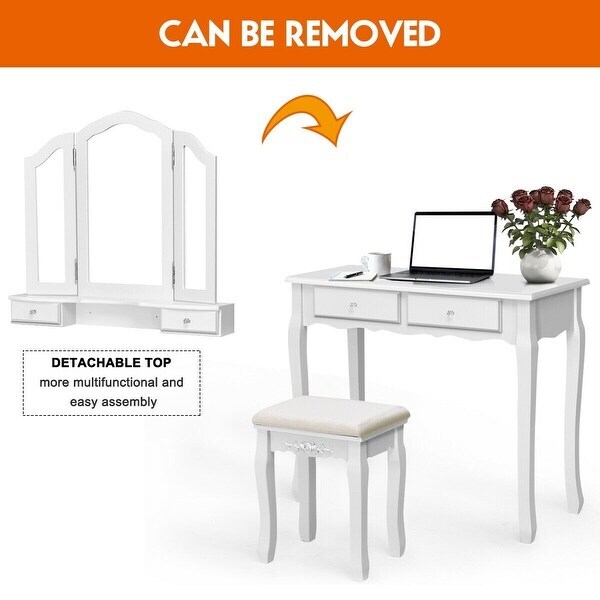 Tri Folding Mirror Vanity Table Stool Set with 4 Drawers and Cushioned Stool