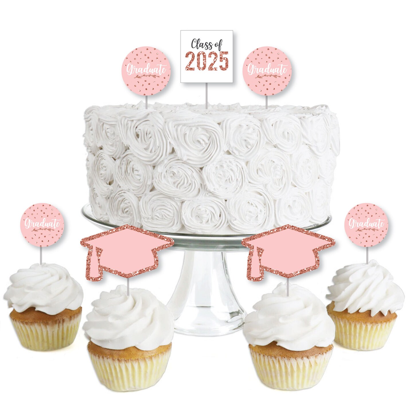 Big Dot of Happiness Rose Gold Grad - Dessert Cupcake Toppers - 2025 Graduation Party Clear Treat Picks - Set of 24