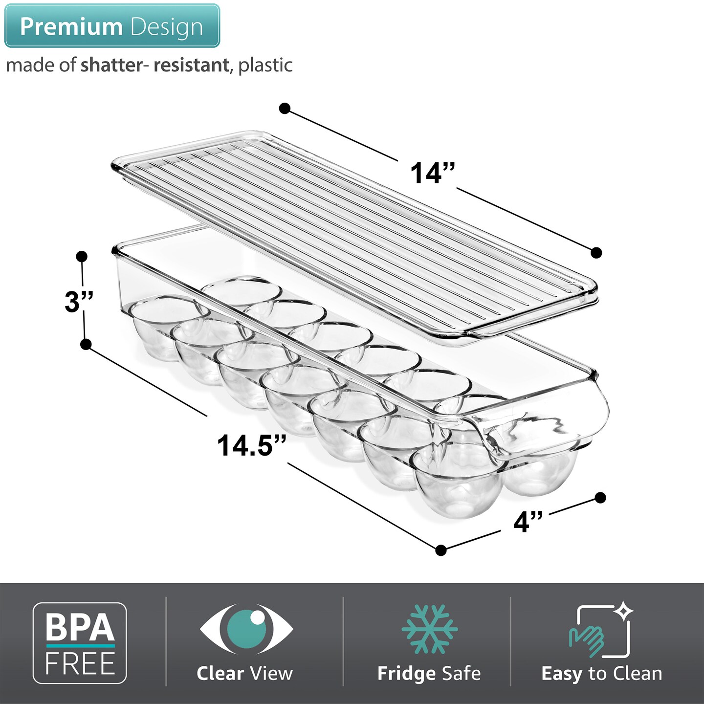 Sorbus Clear Plastic Egg Holder with Lid - holds 14 eggs for Fridge, Pantry, BPA-Free