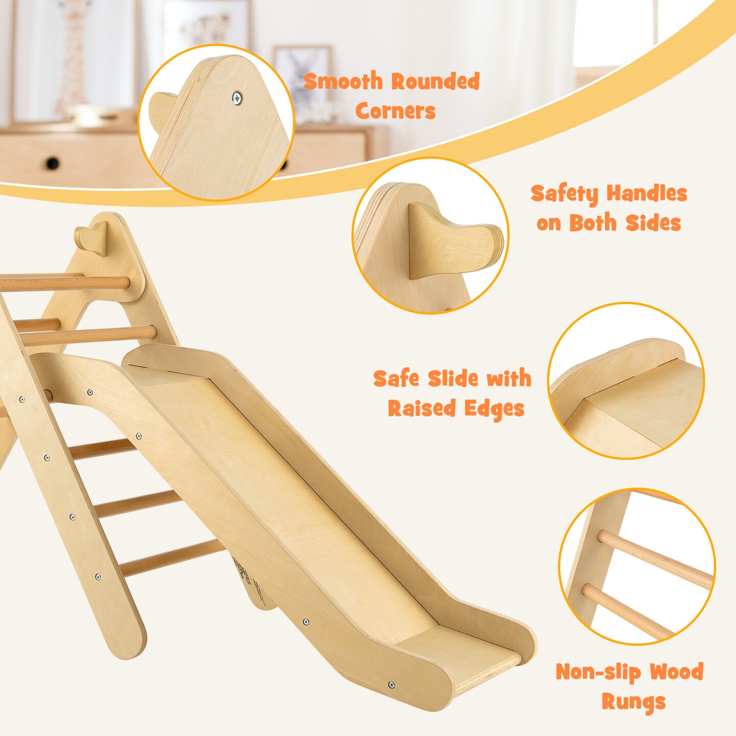 2-in-1 Wooden Triangle Climber Set with Gradient Adjustable Slide