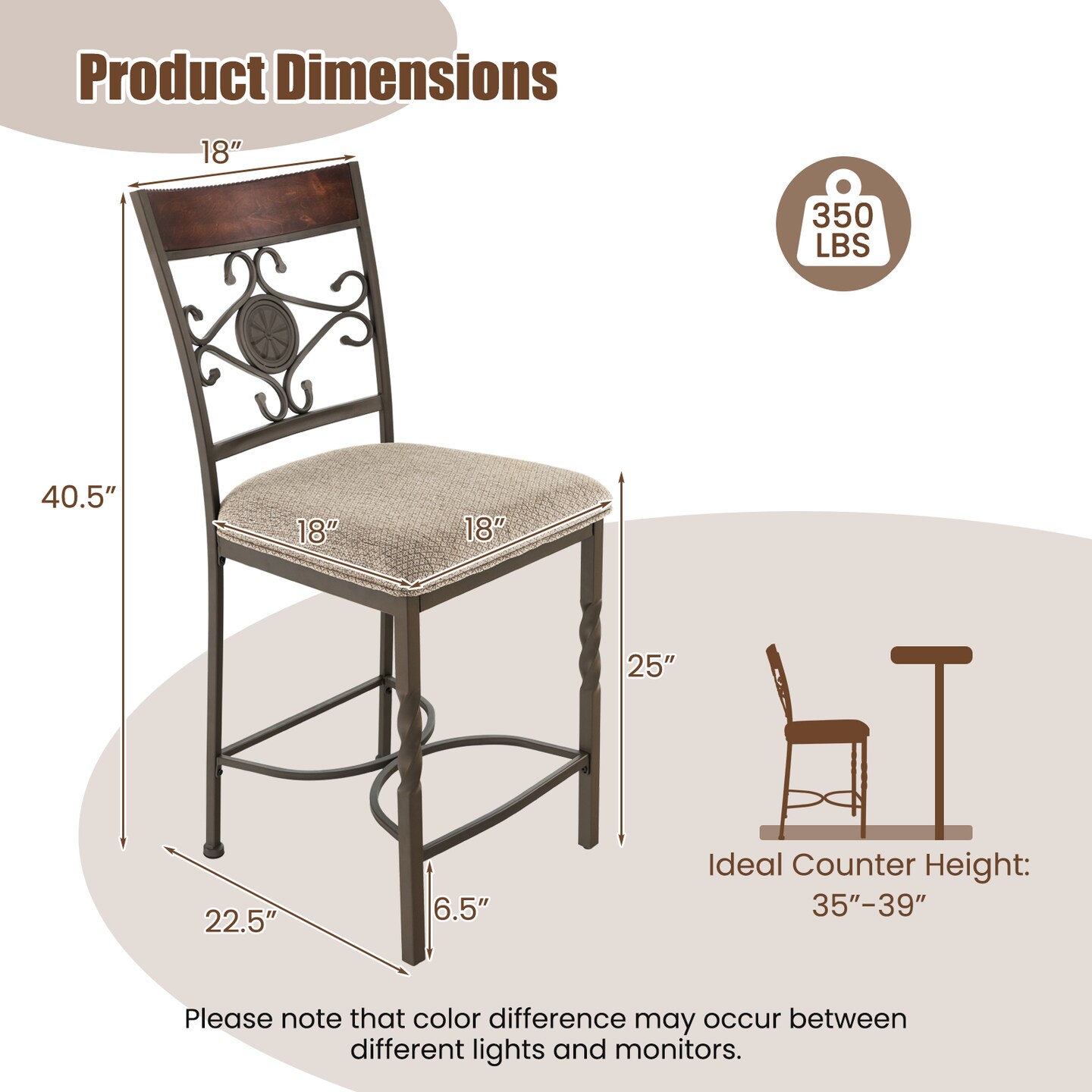 25&#x22; Set of 2 Bar Stools with Rust-proof Metal Frame and Soft Sponge Seat
