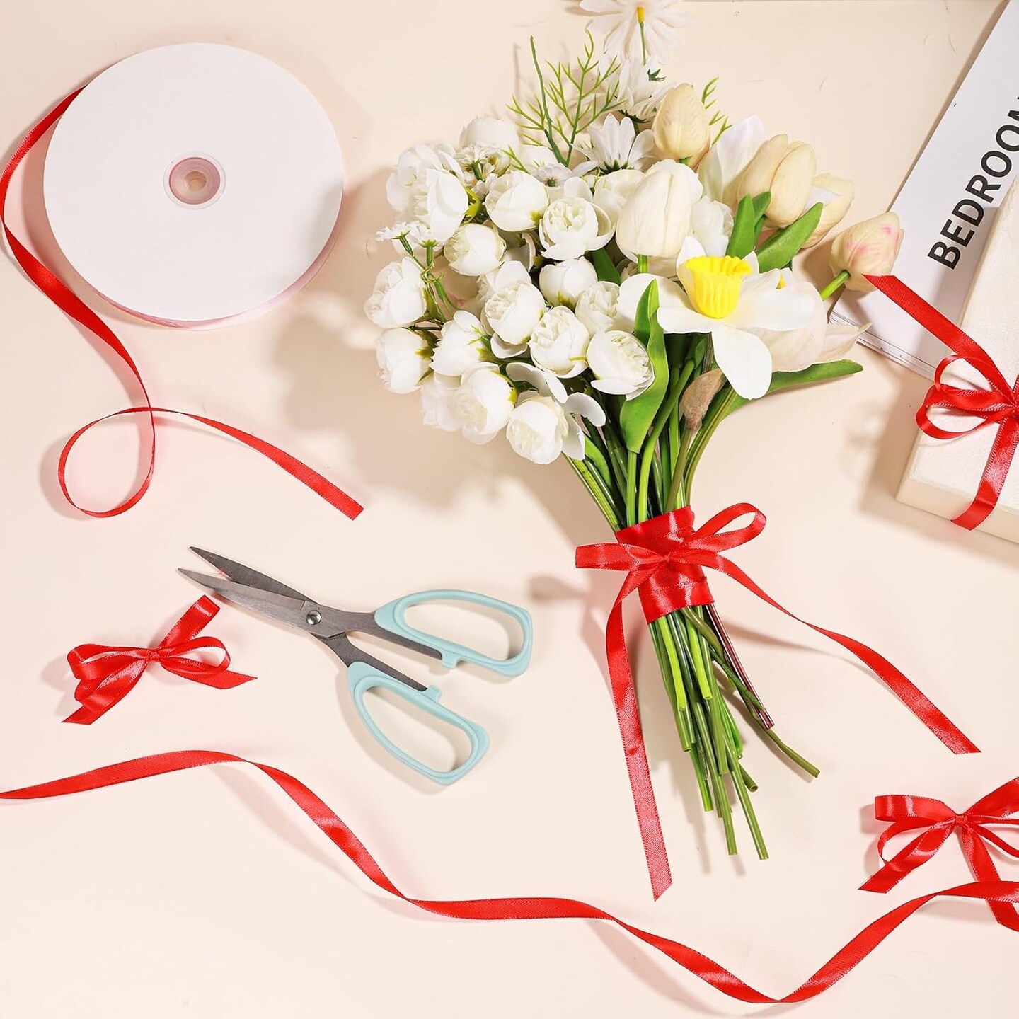 Red Ribbon 120 Yards 3/8 Inch Thin Red Satin Ribbon Craft Fabric Ribbon for Hair Bow Making Gift Wrapping Floral Bouquet Wedding Party Christmas Decorations