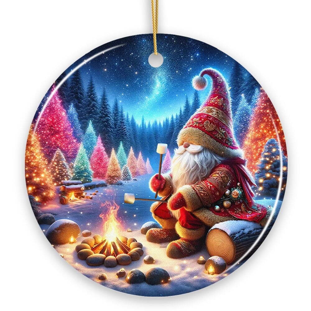 Majestic Winter World Gnome Camper Ceramic Christmas Ornament, Luminescent Forest and Starry Night