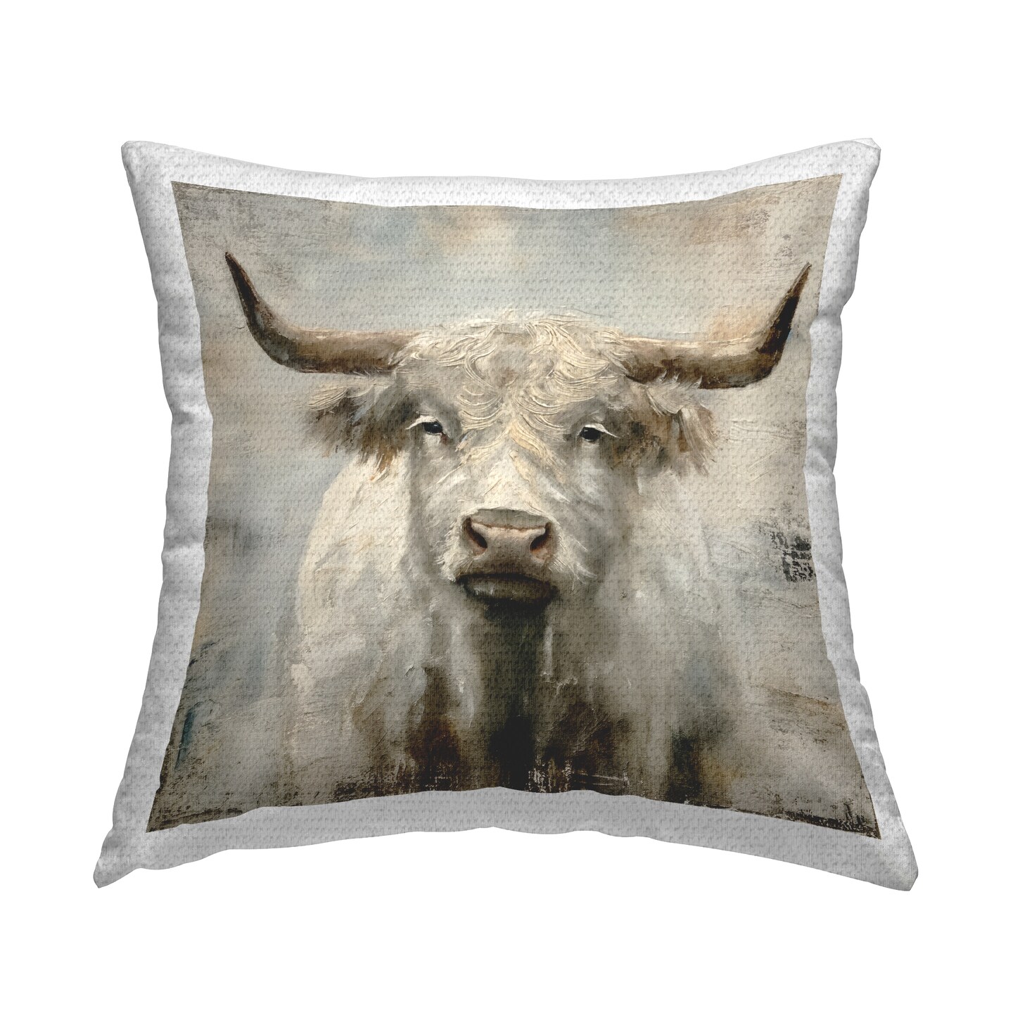 Fluffy Longhorn Cattle Outdoor Printed Pillow Design by Steve Huntziker, 18 x 7 x 18