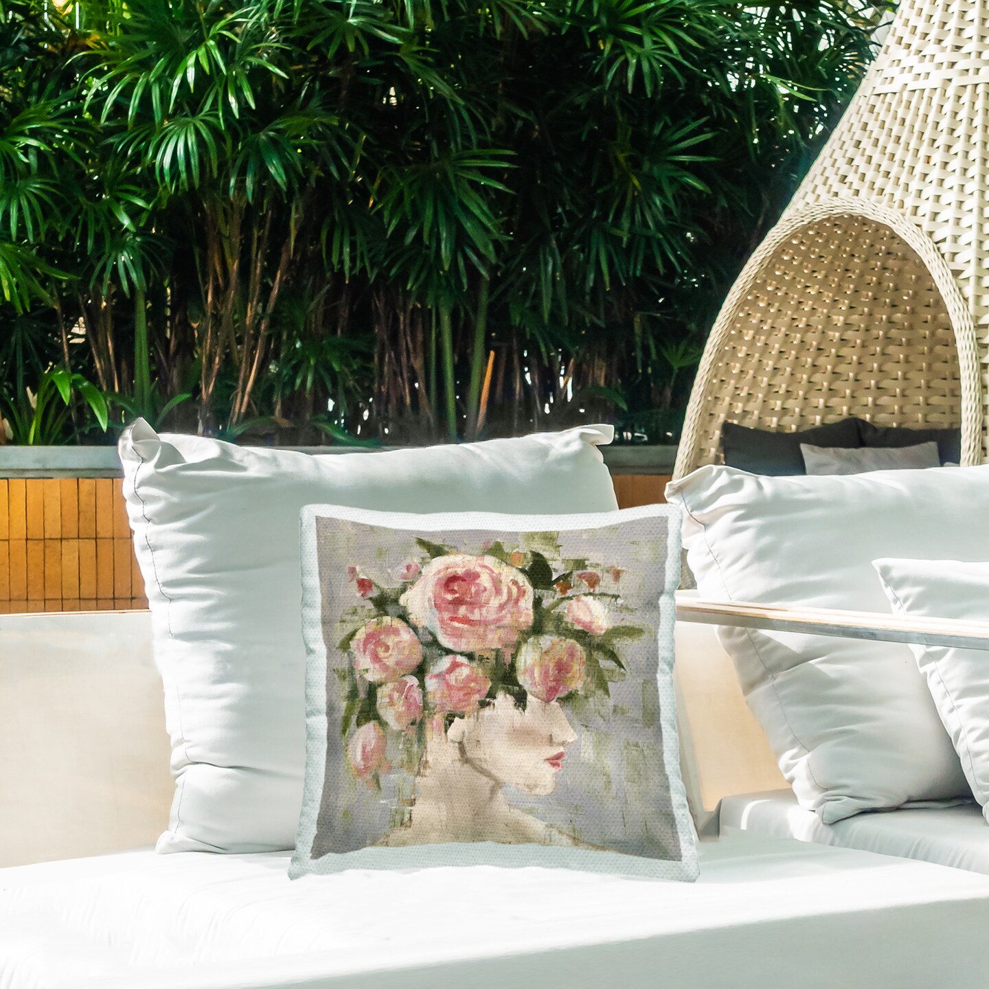 Abstract Woman with Roses Outdoor Printed Pillow Design by Charity Henderson, 18 x 7 x 18