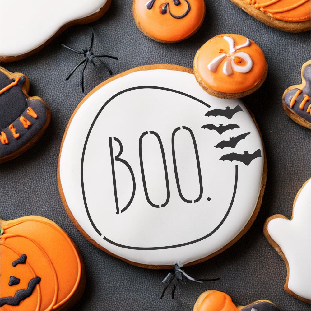 Boo with Bats Cookie &#x26; Craft Stencil | CM110 by Designer Stencils | Cookie Decorating Tools | Baking Stencils for Royal Icing, Airbrush, Dusting Powder | Craft Stencils for Canvas, Paper, Wood | Reusable Food Grade Stencil
