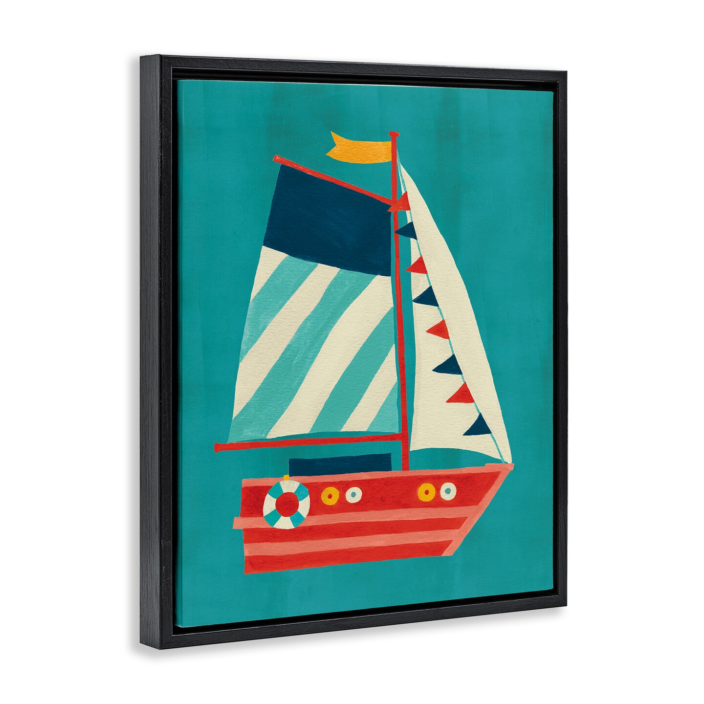 Stupell Industries Striped Sailboat on Blue Framed Floater Canvas Wall Art Design by Irene Chan