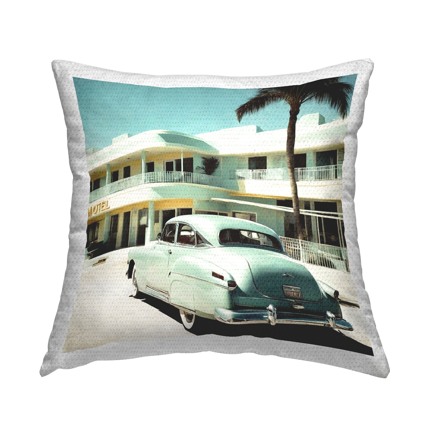 Classic Car at Motel Outdoor Printed Pillow Design by Noah Bay, 18 x 7 x 18