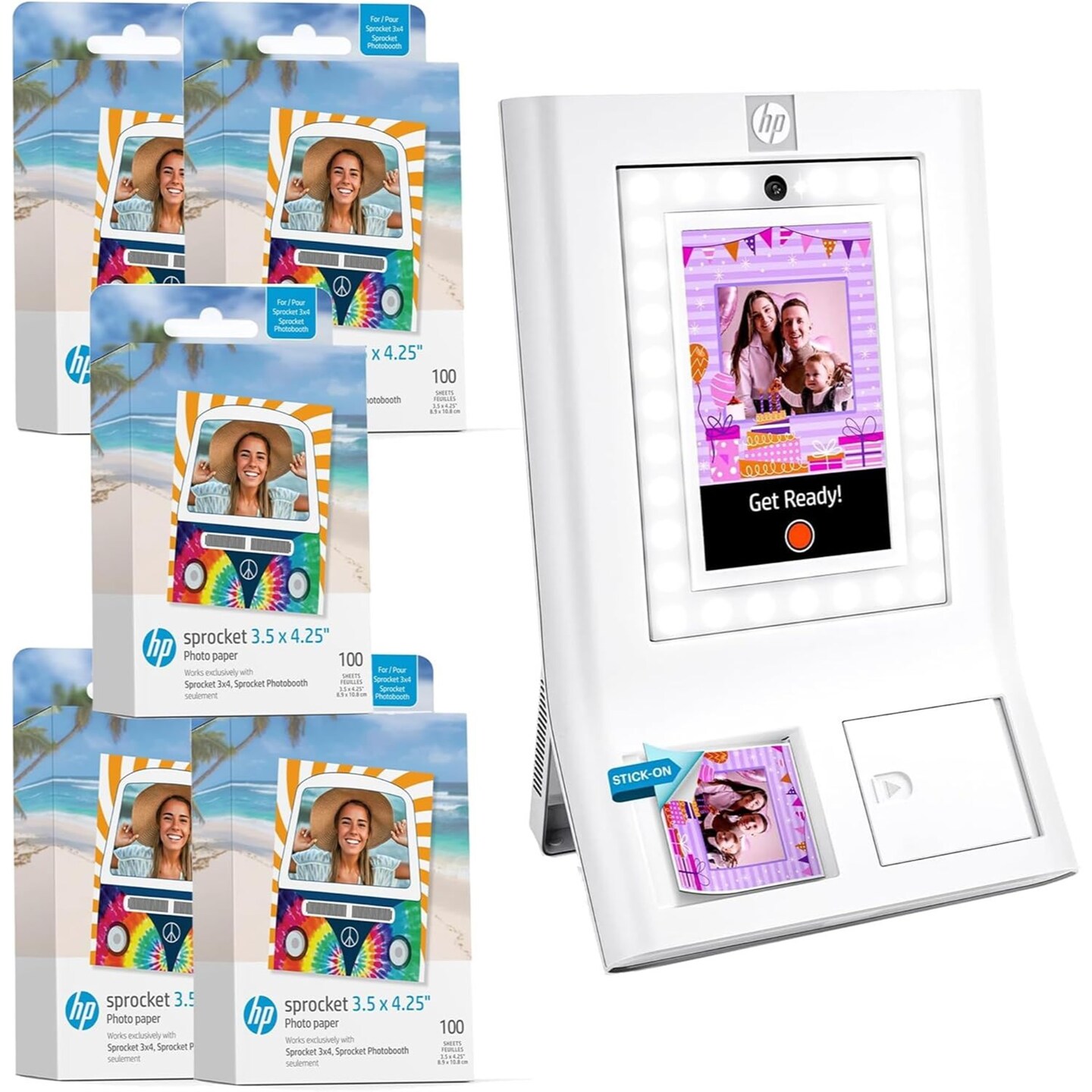 HP Sprocket Photobooth 3x4&#x22; Photo Printer Bundle w/3.5 x 4.25&#x201D; Zink Photo Paper (500 Sheets)