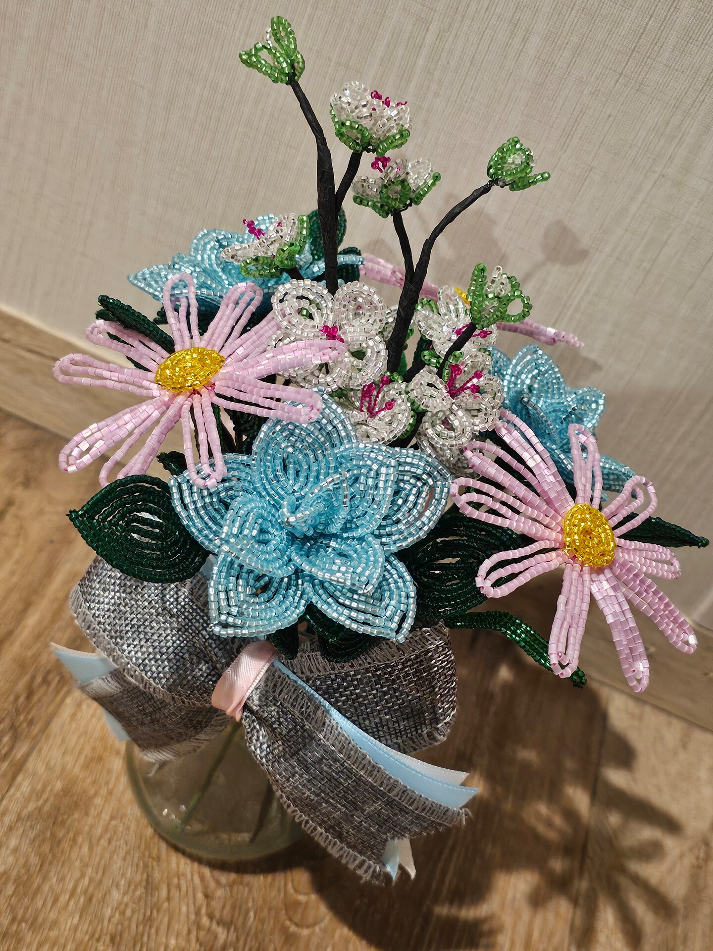 French beaded flowers Mason jar bouquet with bow | MakerPlace by