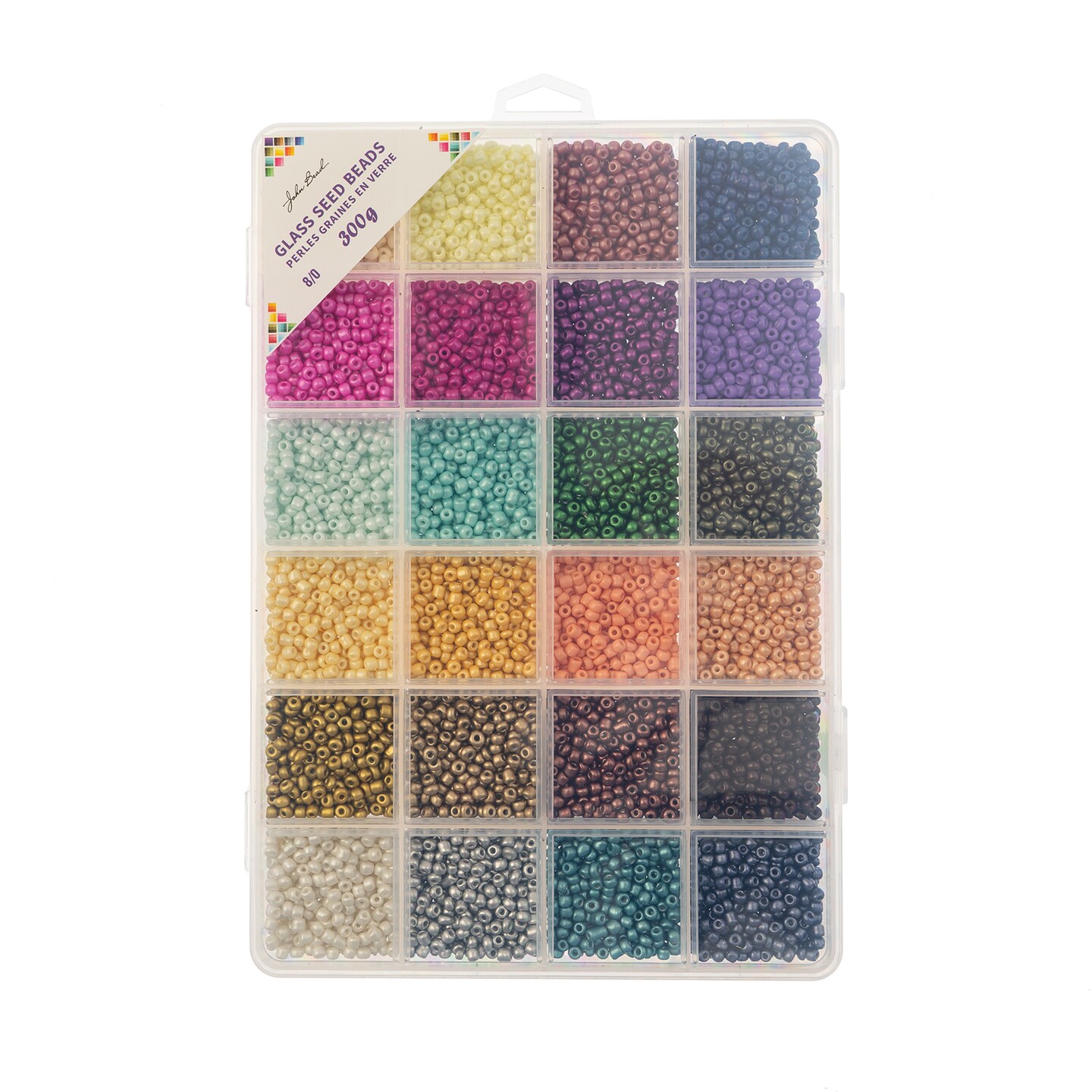 John Bead Assorted 24 Colors Glass Seed Beads 8/0 Jewelry Making Bead Box, 300g