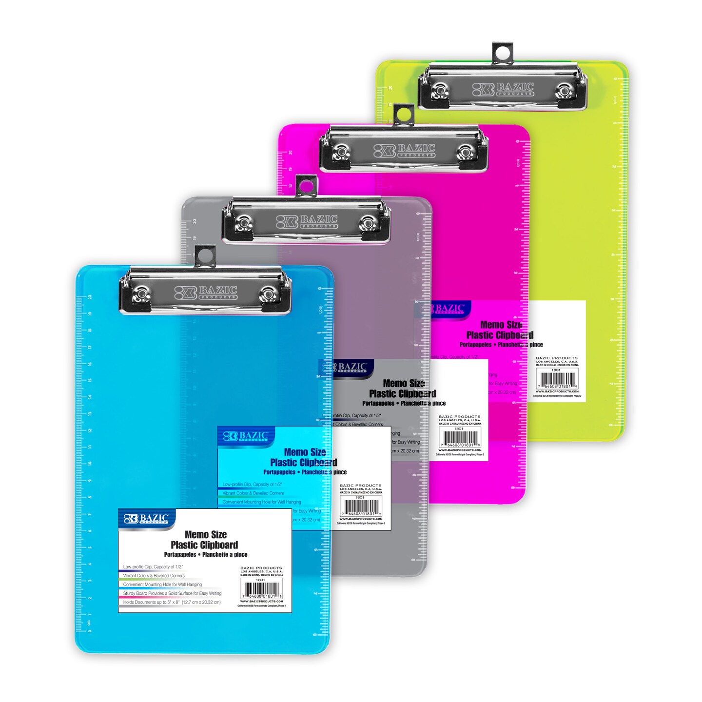 BAZIC Plastic Clipboard Memo Size w/ Low Profile Clip