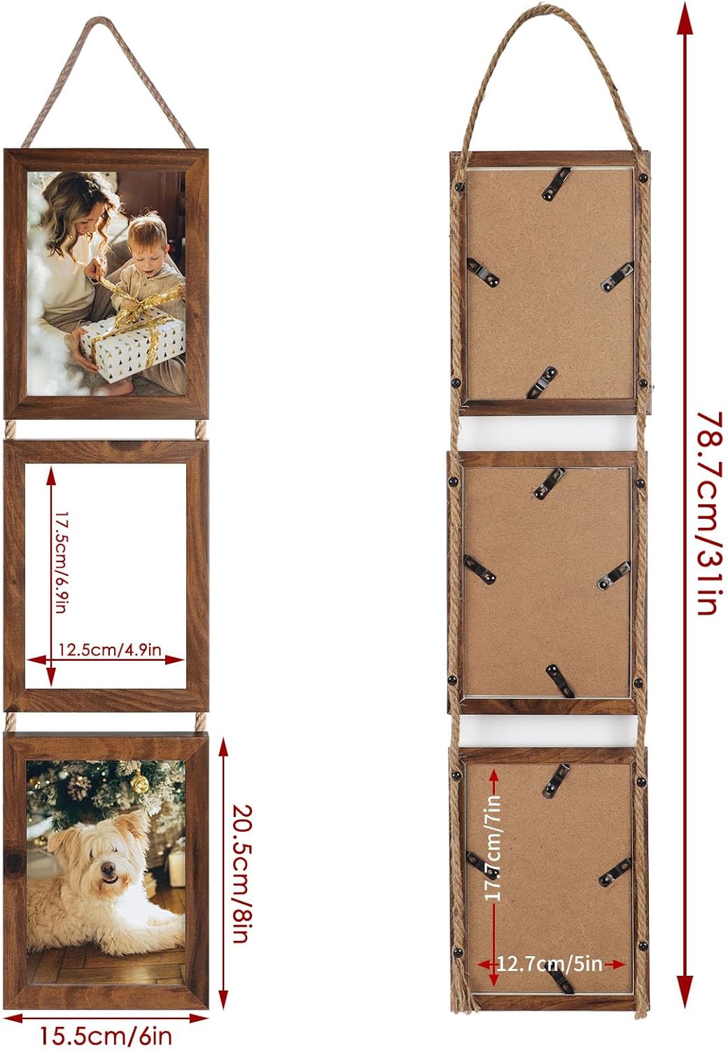 5x7 Collage Picture Frames, 3 Openings Hanging Photo Frame Set Display Vertical 5 by 7 inch Pictures for Wall Decor, Rustic Walnut Brown, 2 Pack
