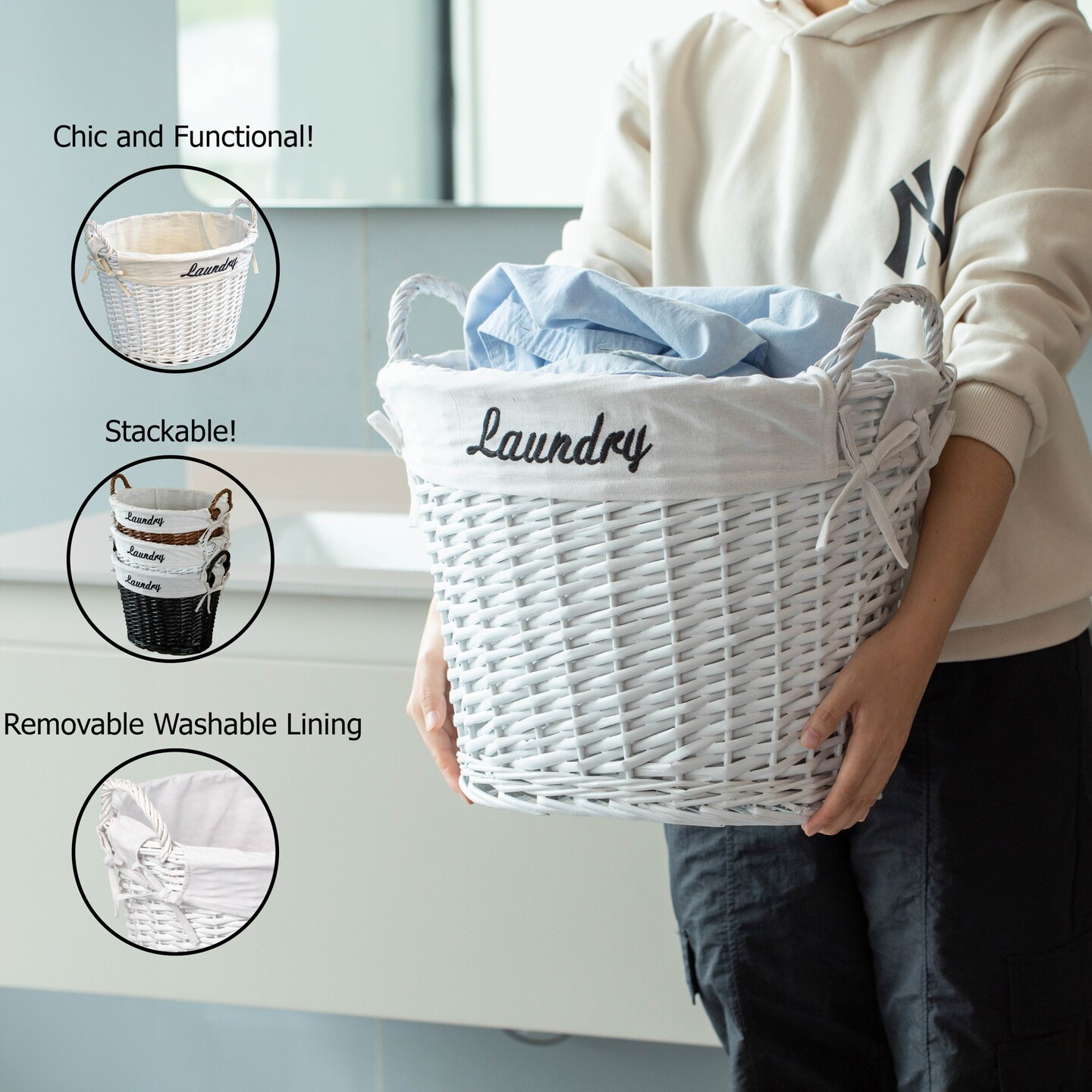 Wickerwise Handwoven Laundry Basket with Liner &#x26; Handles - Boho Decorative Storage Hamper for Clothes Blankets Pillows and Towels - Ideal for Laundry Room Bathroom Bedroom and Living Room