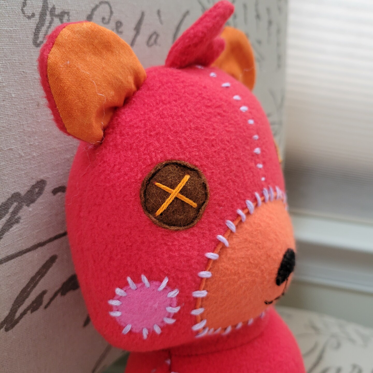 Melon Red Stuffed Animal Plush with Patches and Stitches, Handmade