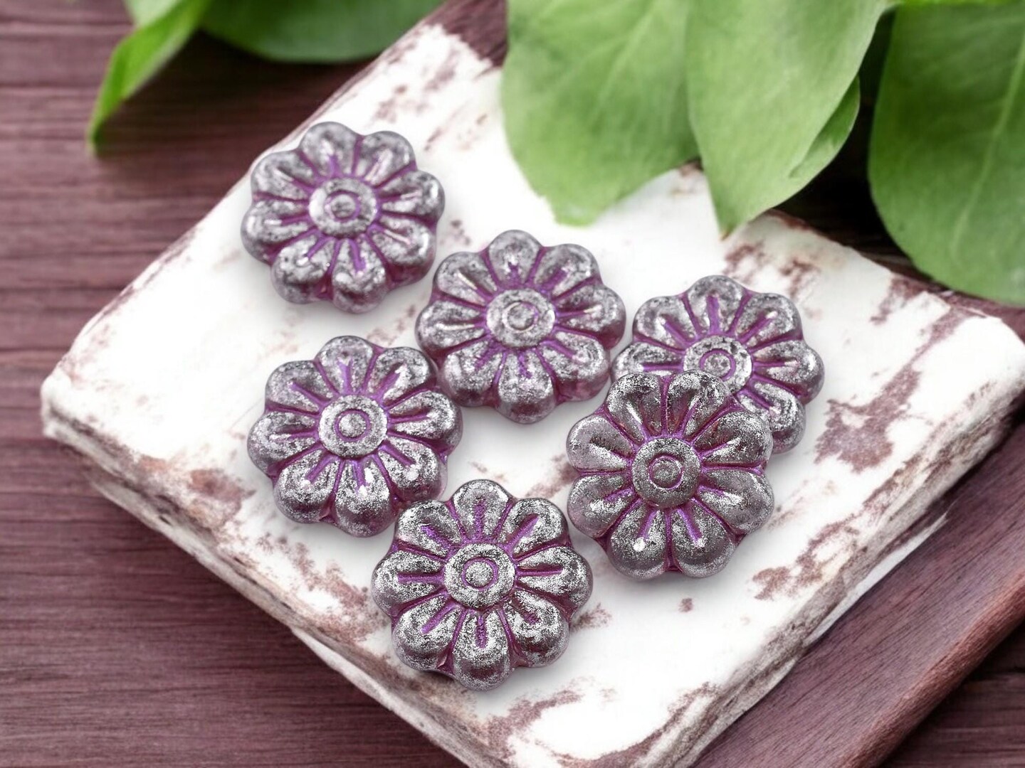 *6* 18mm Purple Washed Transparent Silver Lavender Daisy Flower Beads