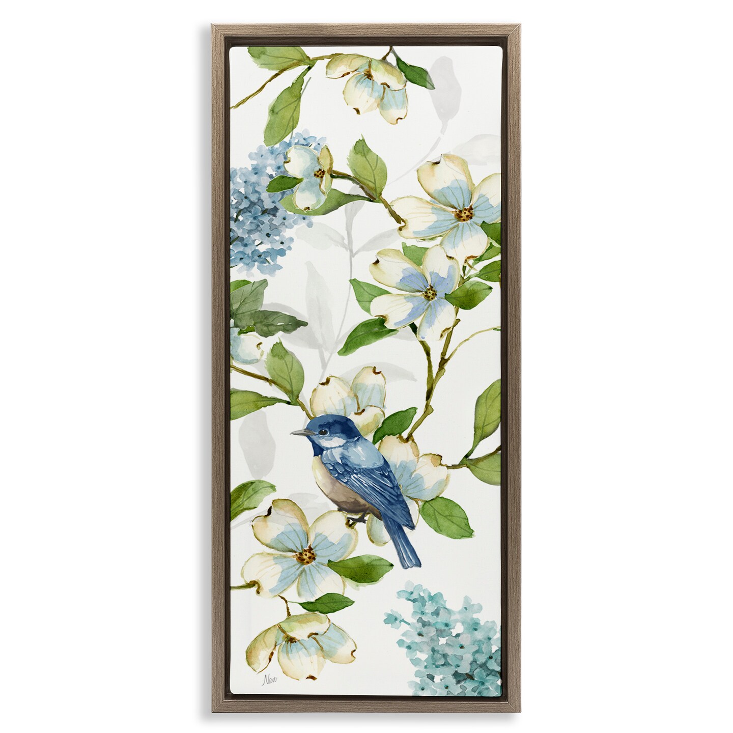 Stupell Industries Dogwood Flowers & Bird Framed Floater Canvas Wall Art Design by Nan