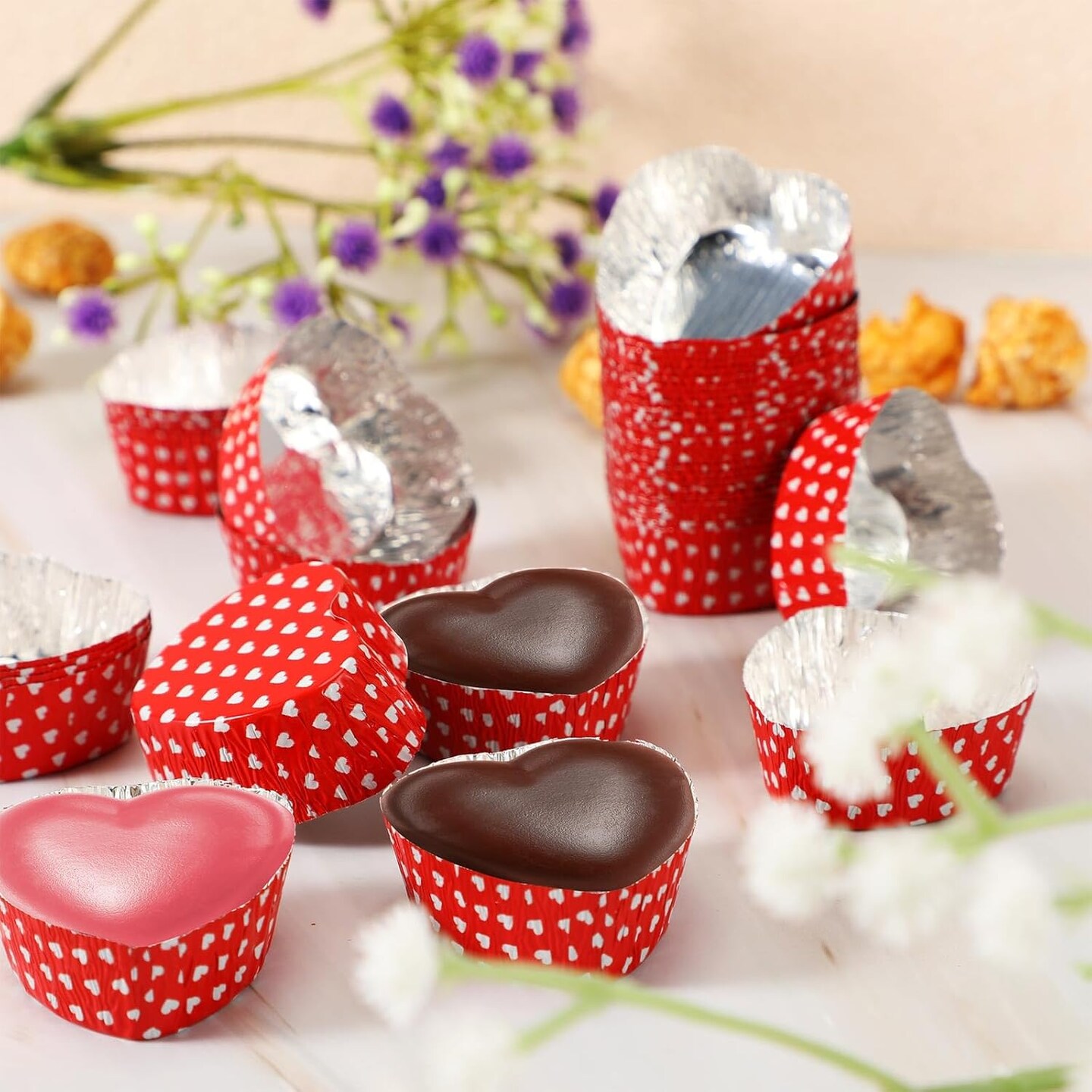 Valentine's Day Mini Aluminum Foil Chocolate Baking Cups 9 Ml/ 0.3 Ounce Heart Shaped Candy Molds Disposable Baking Pan for Valentine Day Party Supplies(Cute Style, 200 Pieces)