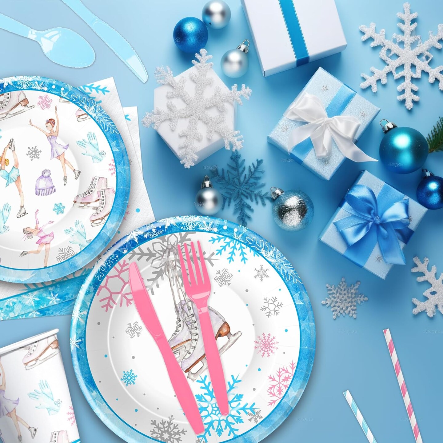 Ice Skating Birthday Party Decorations Tableware - Ice Skating Party Supplies, Plate, Cup, Napkin, Tablecloth, Cutlery, Winter Wonderland Ice Skating Birthday Decorations For Girls | Serves 24
