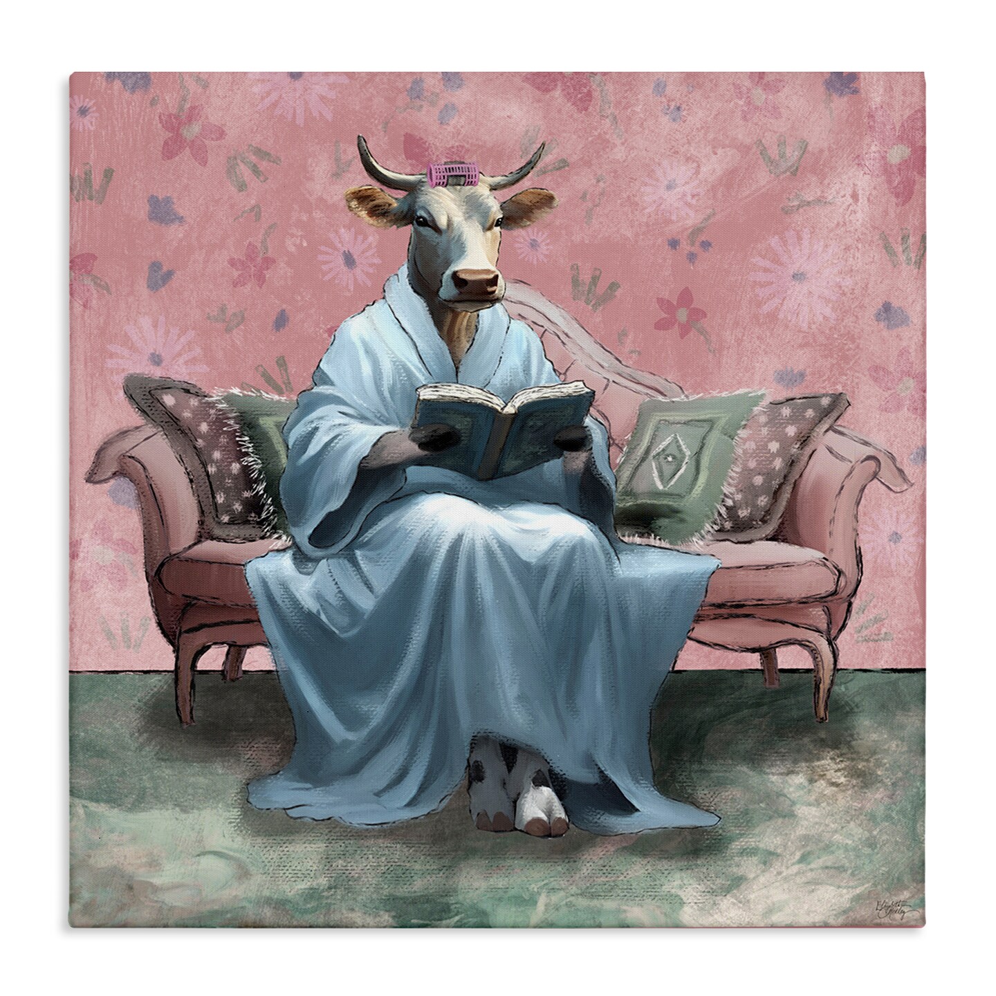Stupell Industries Cow Reading Evening Book Canvas Wall Art Design by Elizabeth Medley