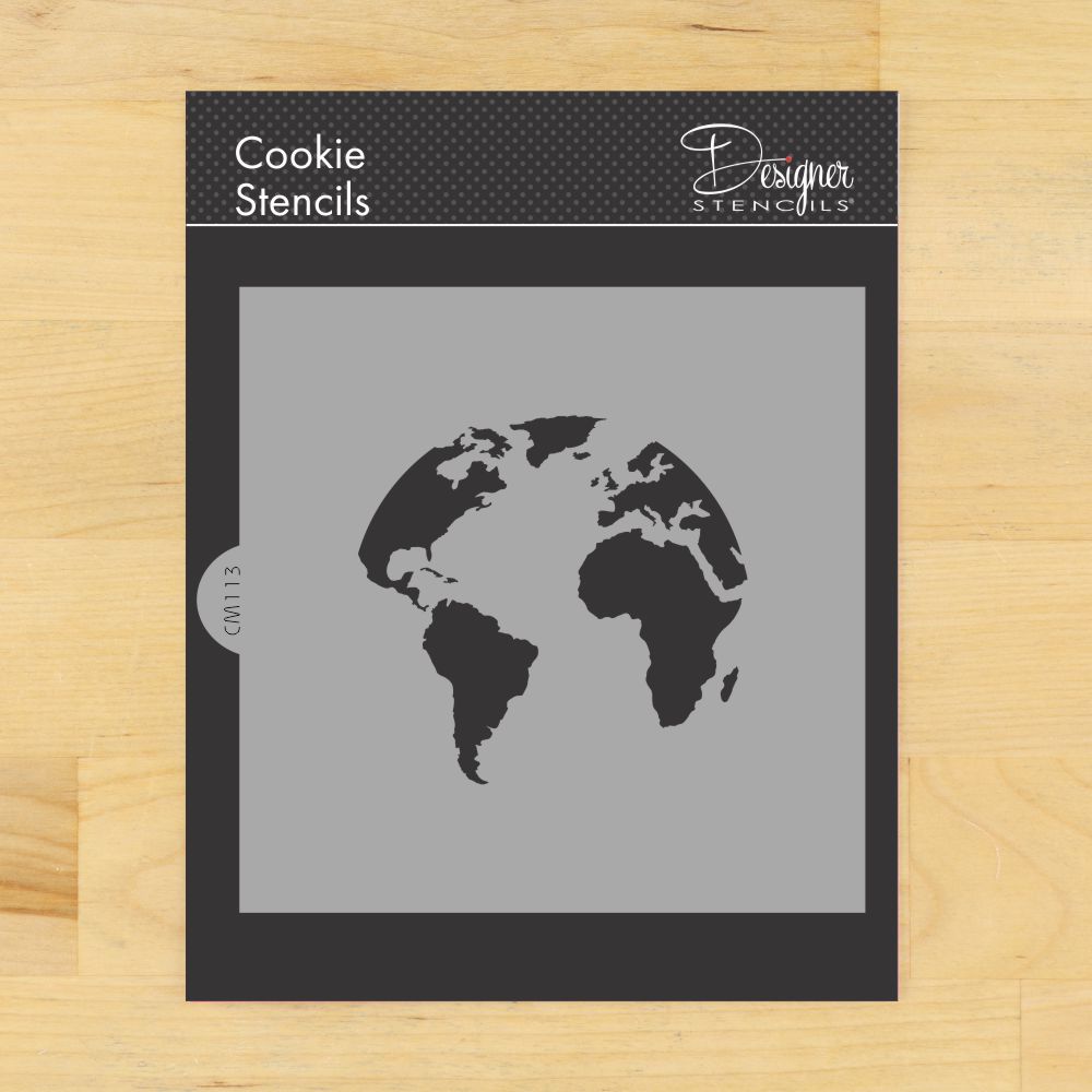 World Map (Globe) Cookie & Craft Stencil | CM113 By Designer Stencils | Cookie Decorating Tools | Baking Stencils for Royal Icing, Airbrush, Dusting Powder | Craft Stencils for Canvas, Paper, Wood | Reusable Food Grade Stencil
