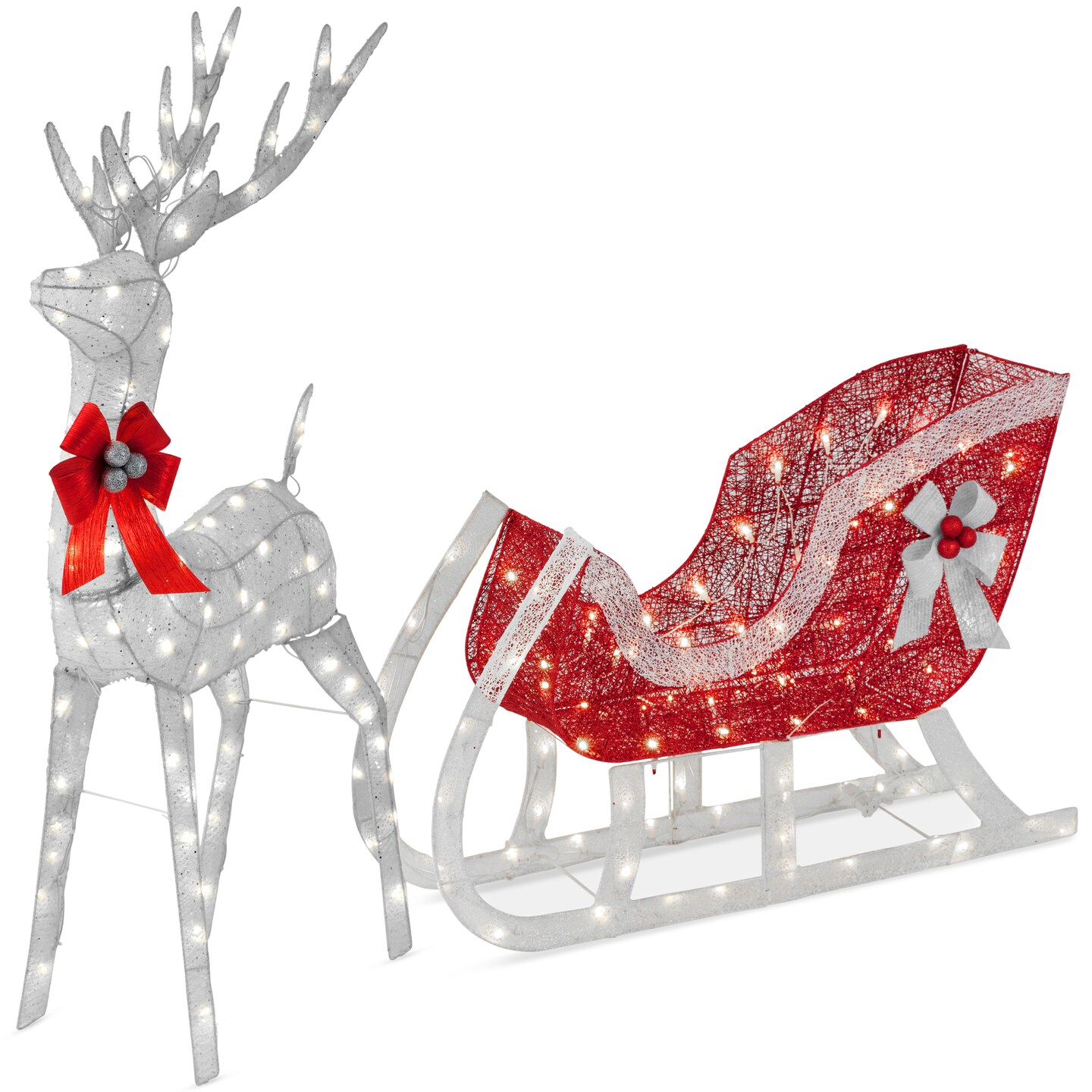 Best Choice Products Lighted Christmas 4ft Reindeer &#x26; Sleigh Outdoor Decor Set w/ 205 LED Lights, Stakes